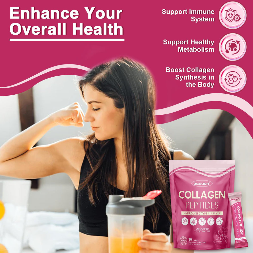 ZEBORA Multi Collagen Peptides Powder Packets with Hyaluronic Acid, Biotin, MCT - Hydrolyzed Collagen with 5 Billion Probiotics