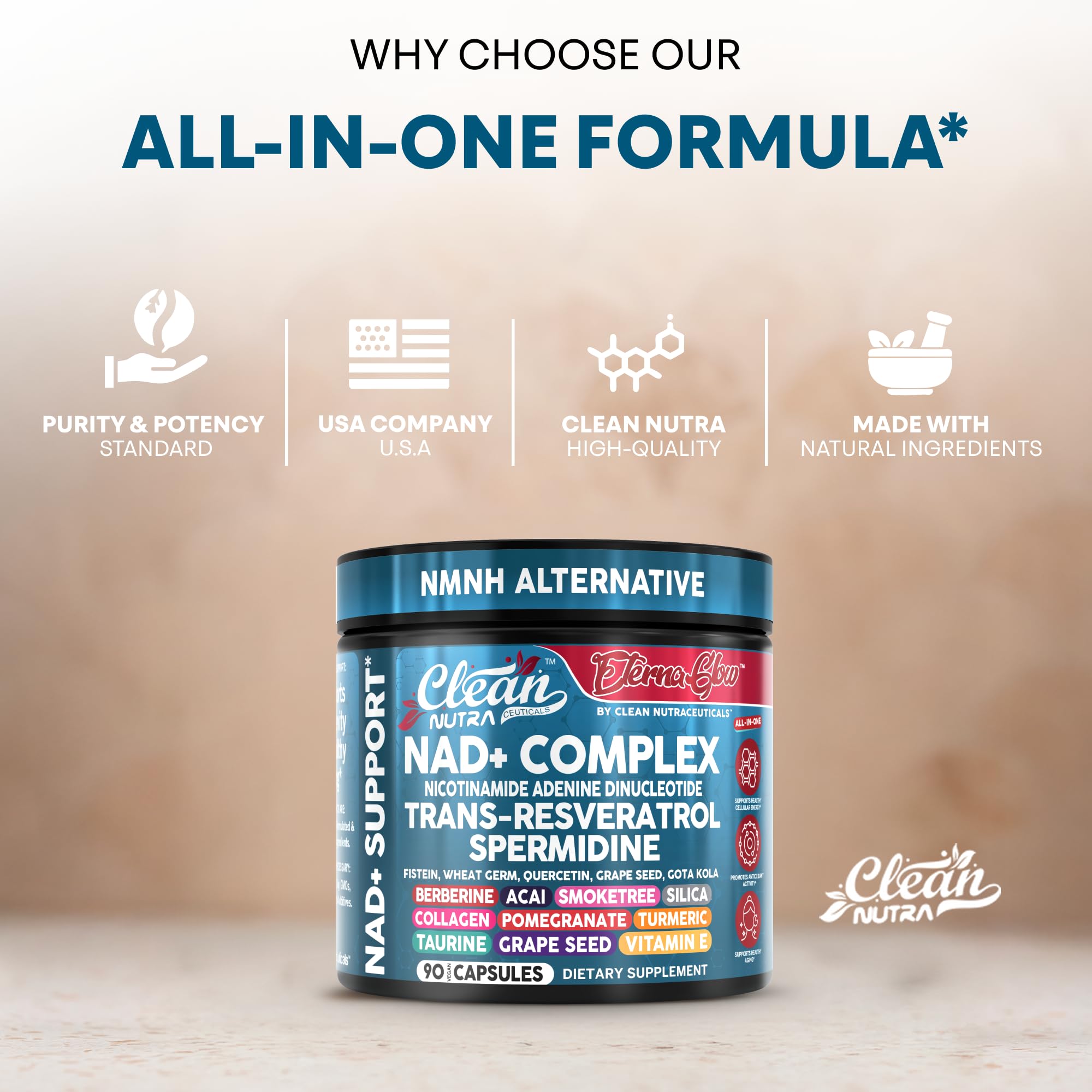 Clean NAD Supplement Resveratrol Liposomal NAD+ Spermidine Fisetin Wheat Germ Quercetin Grape Seed Extract Gotu Kola Berberine Astaxanthin Peptides for Women Energy 90 Capsules Clean Nutraceuticals Au supplements