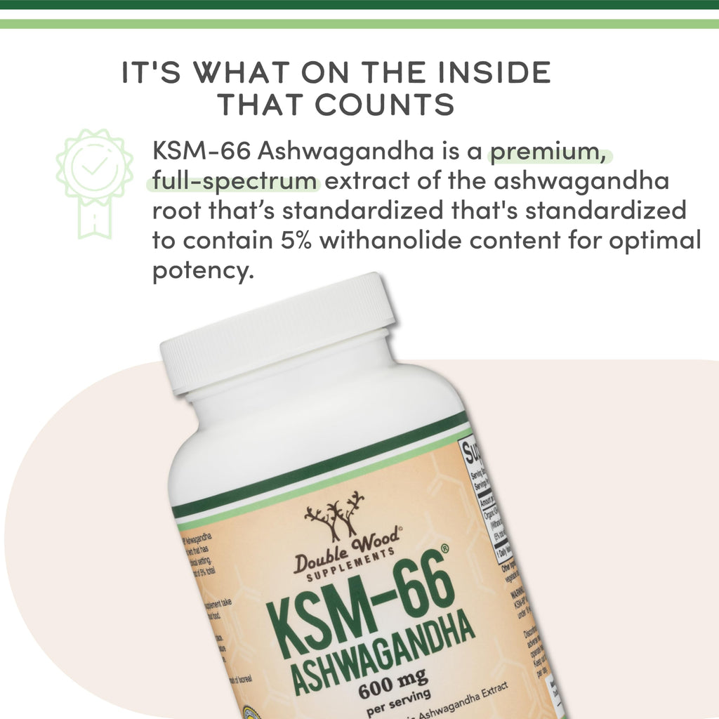 Double Wood Supplements Ashwagandha KSM 66 Organic and Clinically Studied Extract (600mg Per Serving, 120 Capsules, 60 Servings)