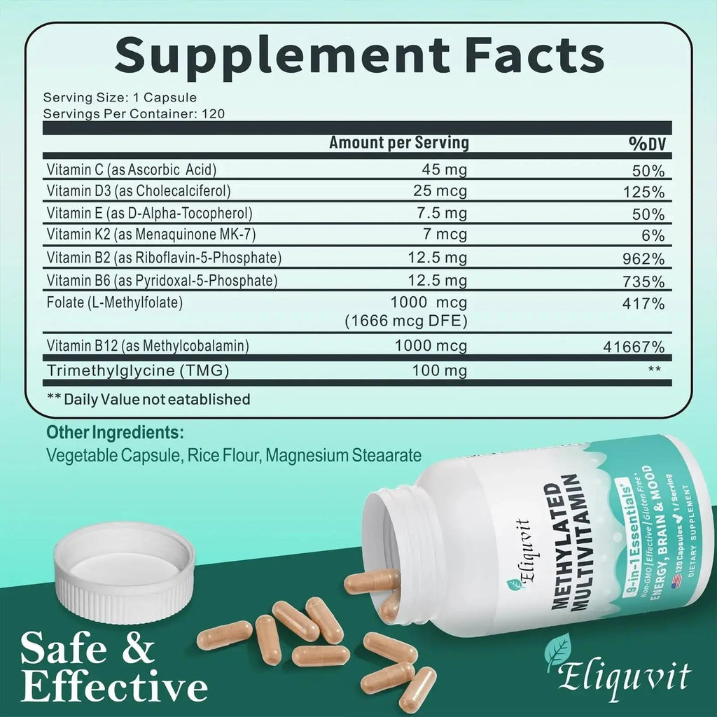 Eliquvit Methylated Multivitamin for Men & Women - Methylated B Complex with Methylfolate & B12-9-in-1 MTHFR Support + TMG - Vegan Multivitamin Eliquvit Au supplements