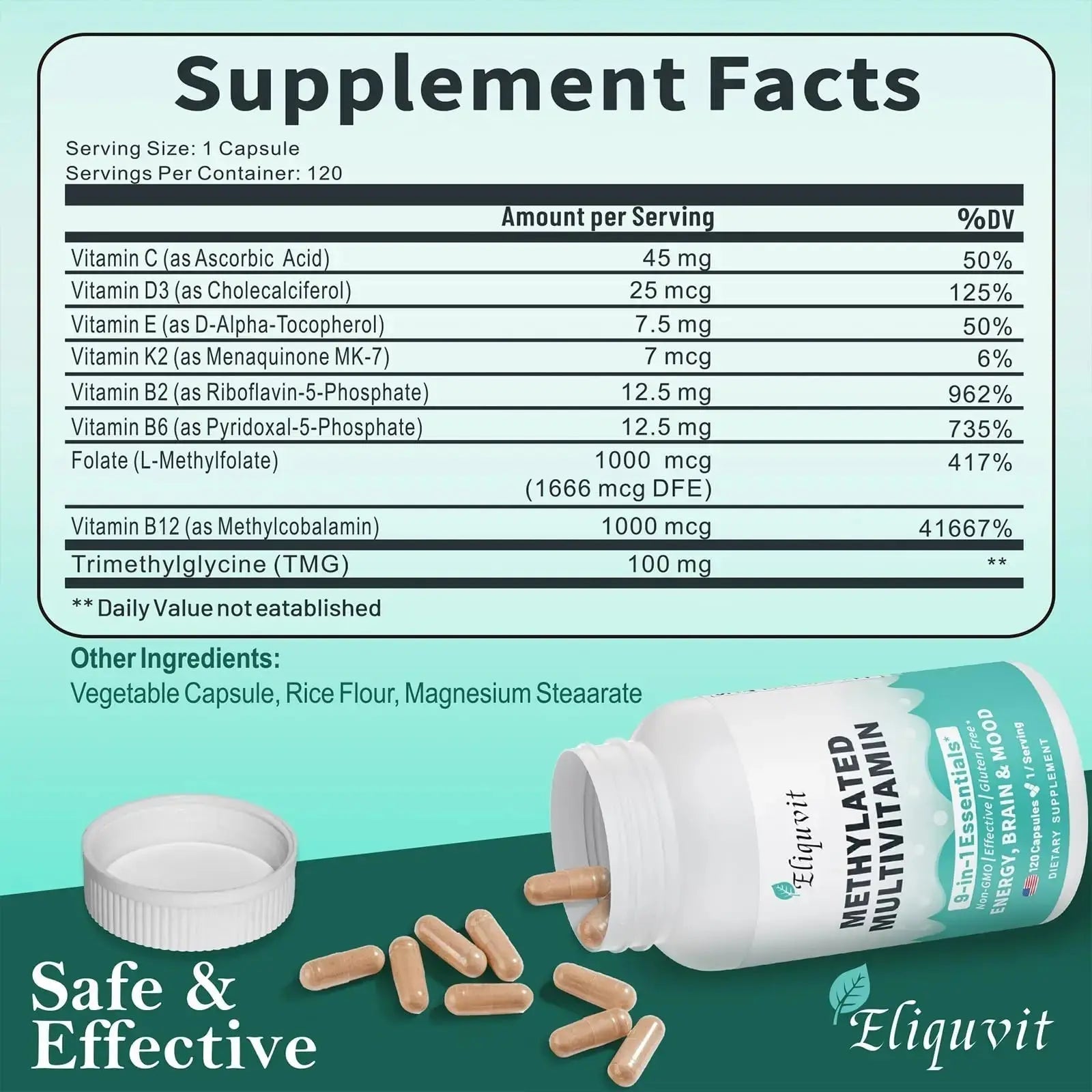 Eliquvit Methylated Multivitamin for Men & Women - Methylated B Complex with Methylfolate & B12-9-in-1 MTHFR Support + TMG - Vegan Multivitamin Eliquvit Au supplements