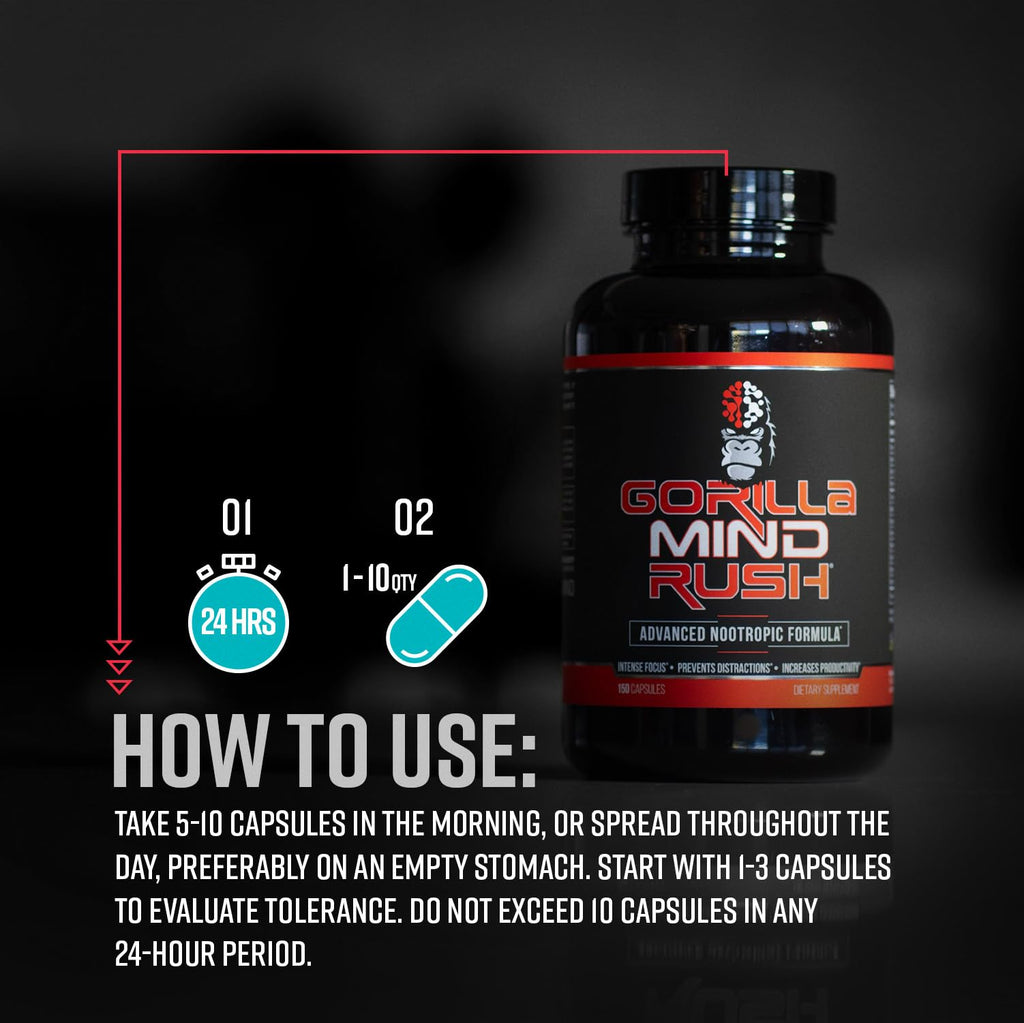 Gorilla Mind Rush - Nootropic Supplement | Intense Focus · Insane Productivity Cognitive Health Support, Memory, Focus,