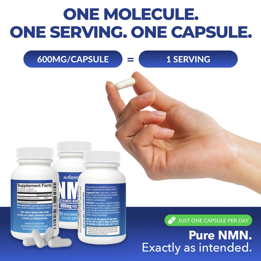NMN Supplement 600 mg/Capsule Once Daily | 99% Pure Beta Nicotinamide Mononucleotide | Potent NAD⁺ Precursor | Supports Cellular Energy & Metabolism | Vegan, Non-GMO, Third-Party Tested & Gluten-Free AUTHENTA Au supplements