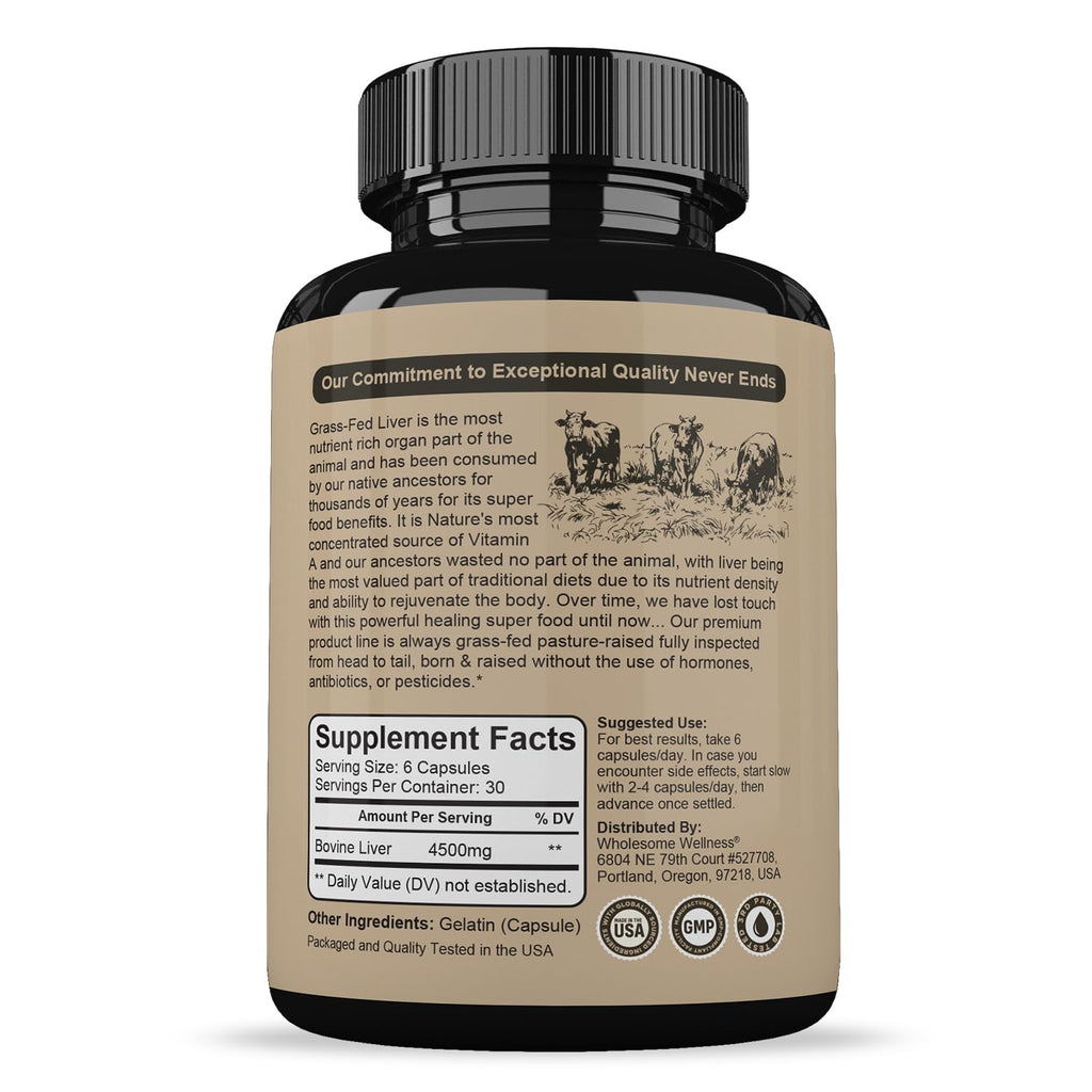 Wholesome Wellness Grass Fed Desiccated Beef Liver Capsules (180 Pills, 750mg Each) - Natural Iron, Vitamin A, B12 for Energy - Raised Undefatted in New Zealand