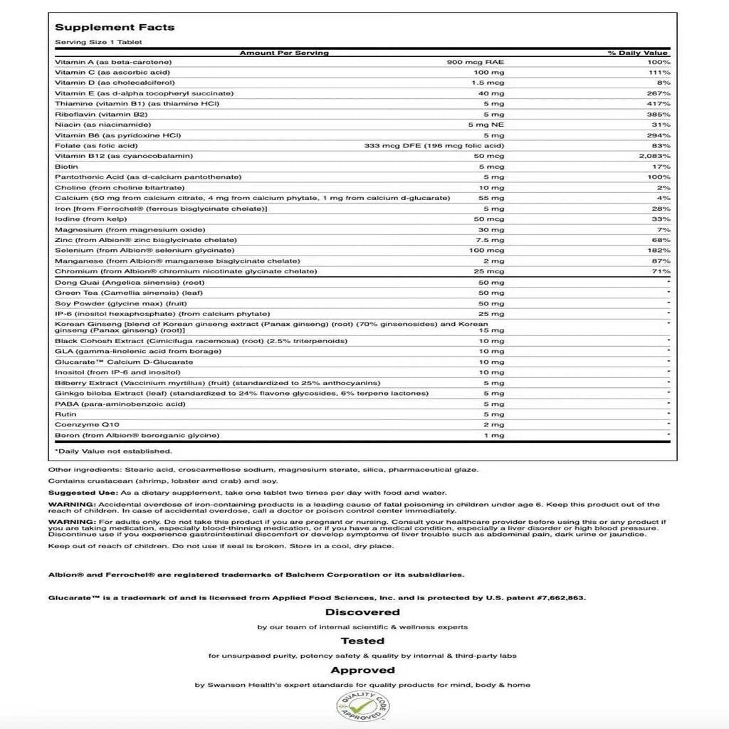 Swanson Multi Women's Prime Multivitamin Multimineral Energy Immune Hormone Balance Wellbeing Health Supplement 90 Tablets (Tabs) Swanson Au supplements