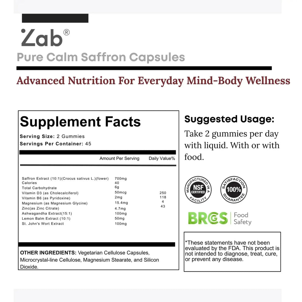 ZAB Saffron Supplements Gummies, Saffron & Rhodiola Rosea Extract Sugar-Free Supplement with Vitamin D3 & B6, Support Mood, Focus ZAB Au supplements