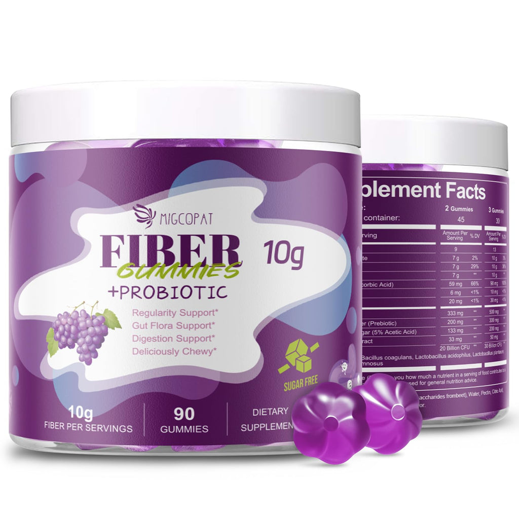 Migcopat 10G Fiber Gummies with 30 Billion CFU Probiotics, Grape Flavor, Bloating Support, Fiber Supplement with Vitamin C,