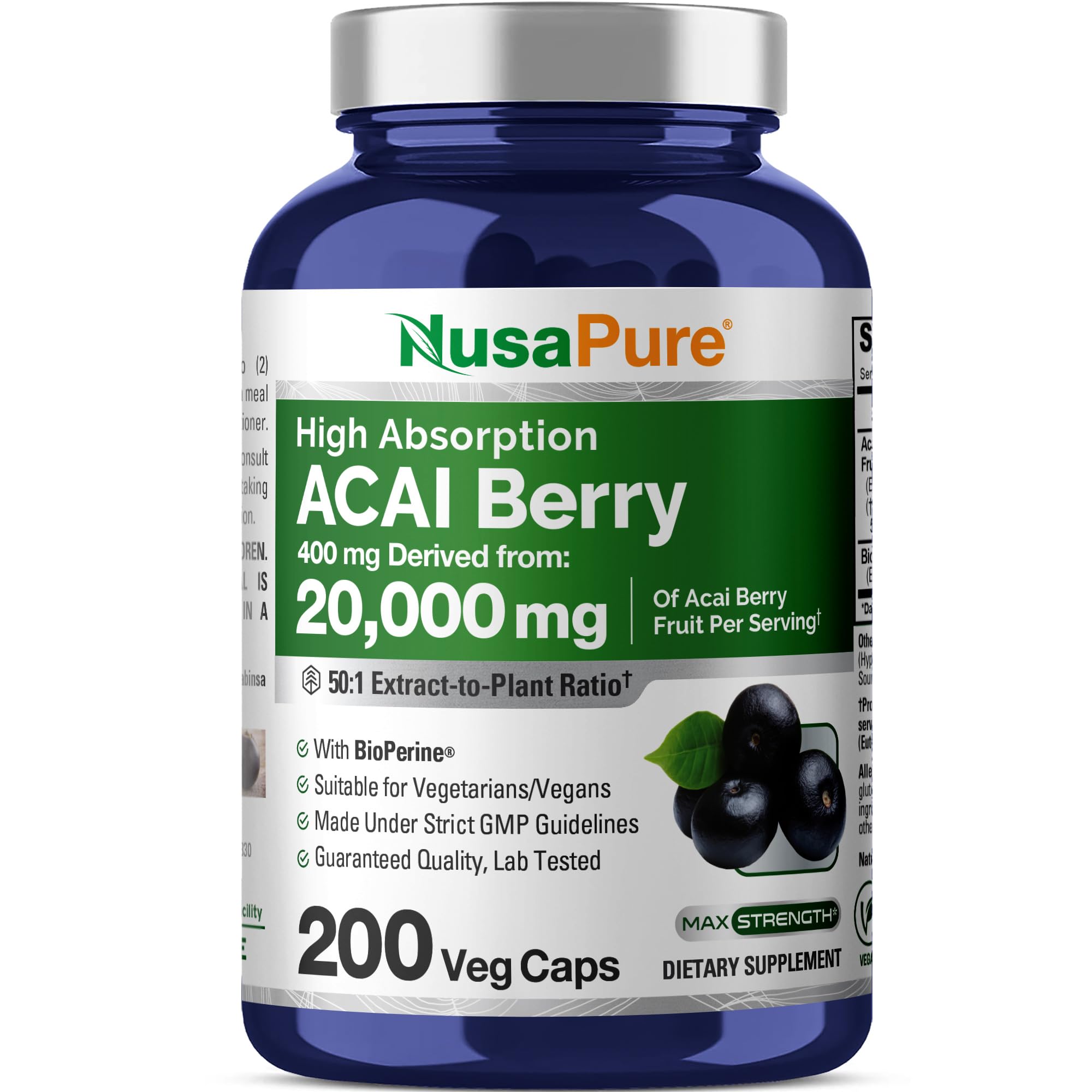 NusaPure Acai Berry 50:1 Extract - Suitable for Vegetarian/Vegan, Non - GMO - 20000 mg - 200 Capsules NusaPure Au supplements
