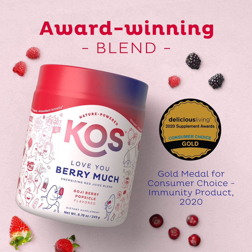KOS Reds Superfood Powder for Antioxidants - USDA Certified Organic Beet Root, Goji Berries, Acai, Pomegranate, Coconut Water & Digestion Enzymes- Goji Berry Popsicle Flavor