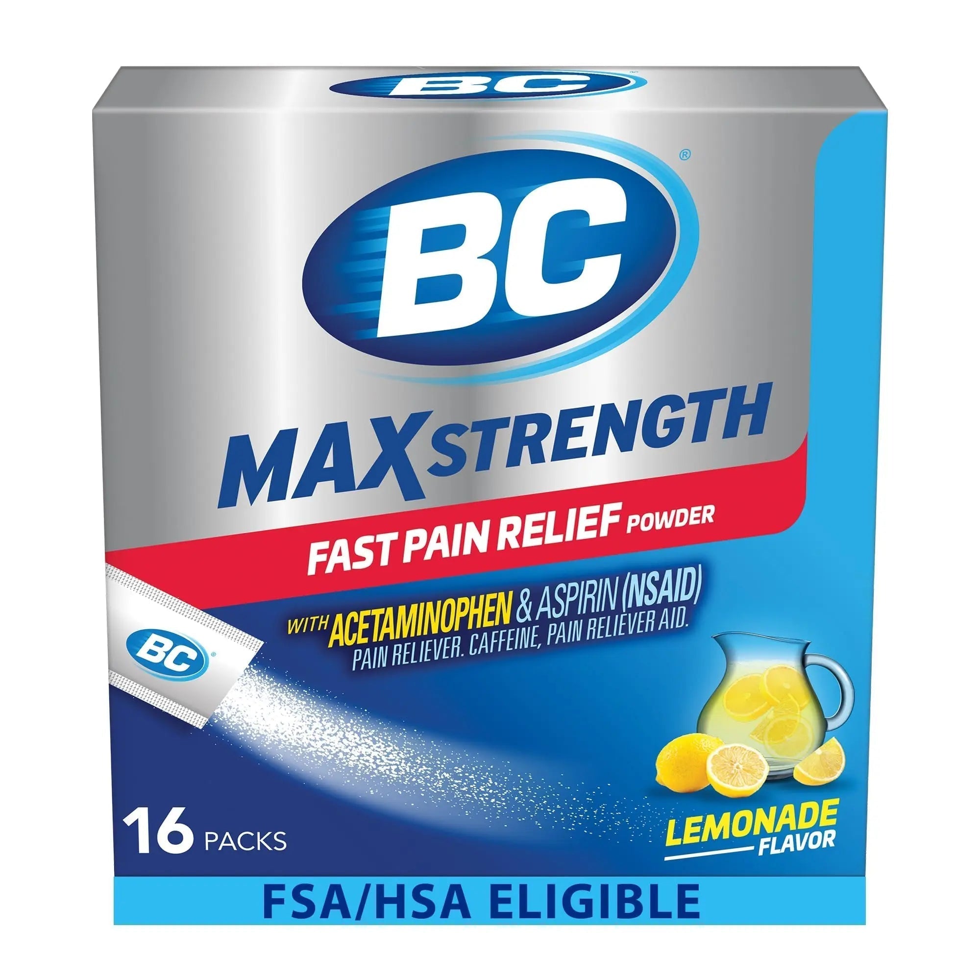 BC Max Strength Headache Relief Powder, Triple-Action Formula with Acetaminophen, Aspirin & Caffeine Eases Aches & Pains, Lemonade Flavor, 16 Count BC Au supplements