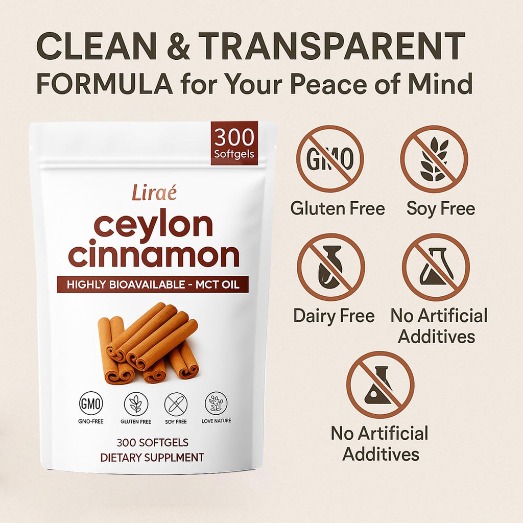 LIRAE Ceylon Cinnamon Softgels with MCT Oil – 300 Softgels – True Ceylon Cinnamon Supplement – Non-GMO, Gluten Free
