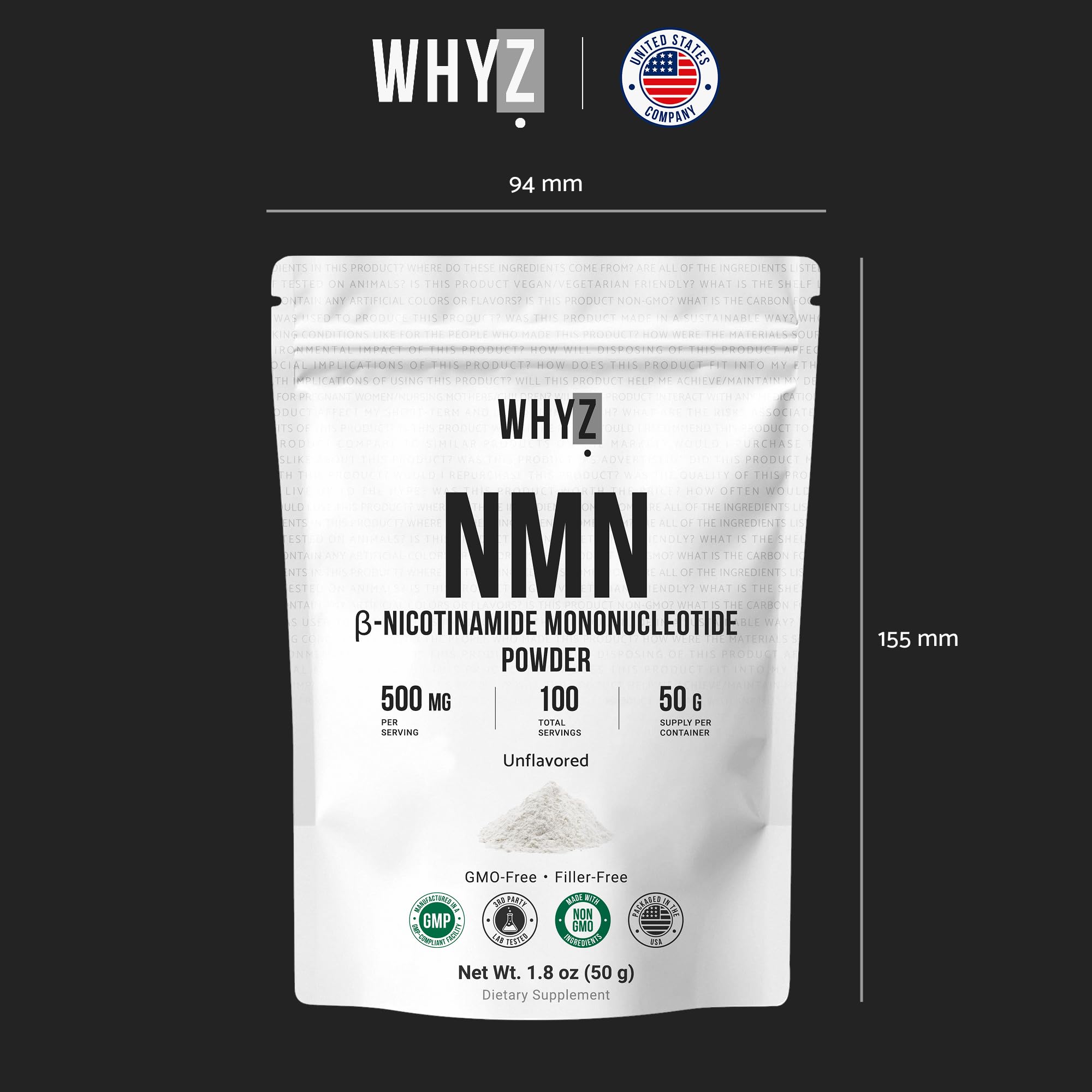 Pure NMN Powder Nicotinamide Mononucleotide Quick Dissolved NMN Supplement Powder 100% Unflavored NMN Supplement Supports NAD+ Levels Vegan Friendly Non-GMO, 50g WHYZ Au supplements