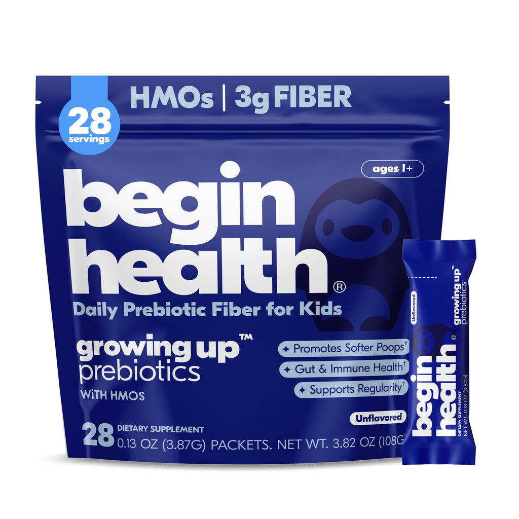 Begin Health Growing Up Prebiotics for Kids 28-Packs | Prebiotic Soluble Powder Stool Softeners and Digestive Gut Health Supplement | Ideal to Mix with Kids Daily