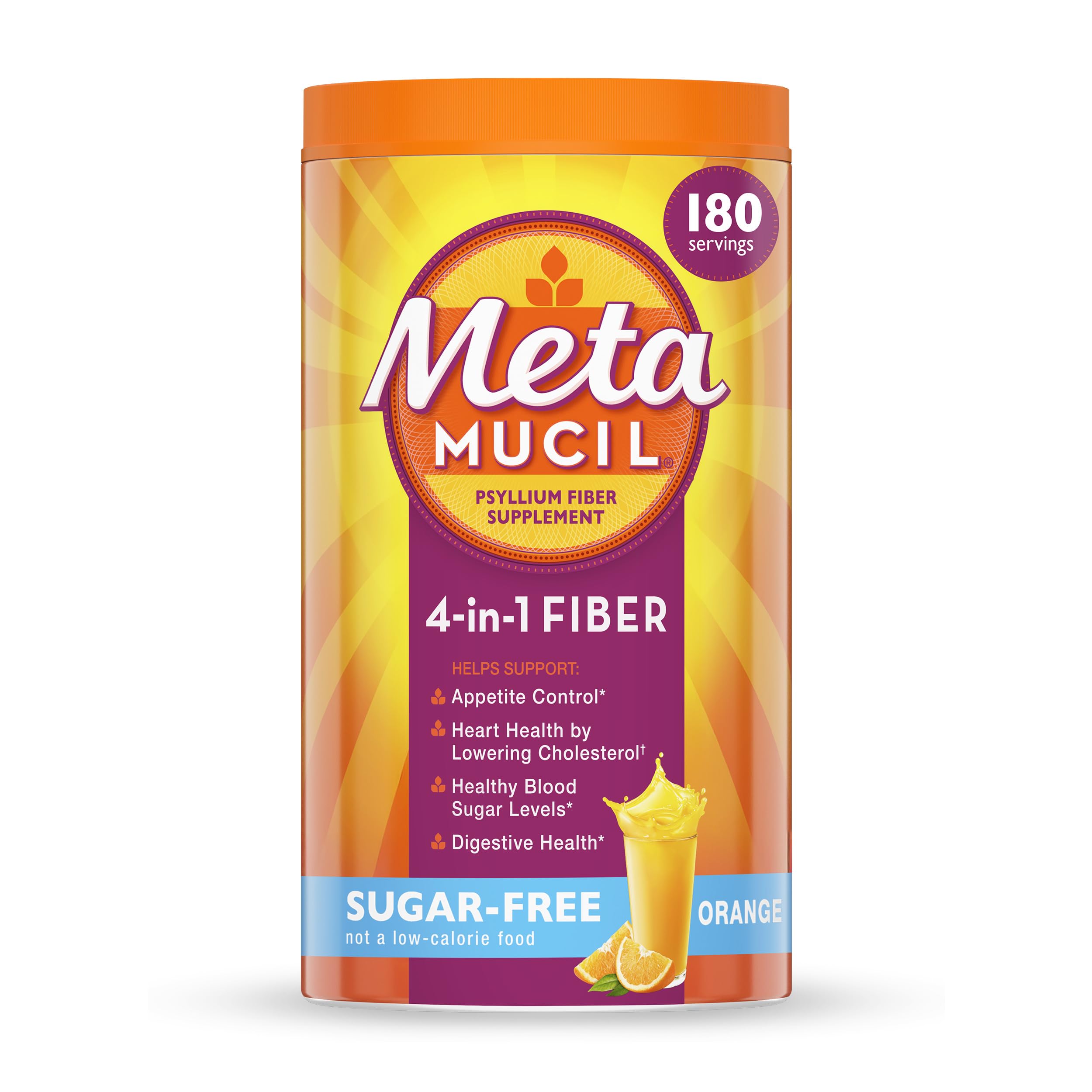 Metamucil 4-in-1 Psyllium Husk Friendly Fiber Supplement, Sugar-Free, 180 teaspoons, Orange Flavored, Daily Fiber Powder for Digestive Health