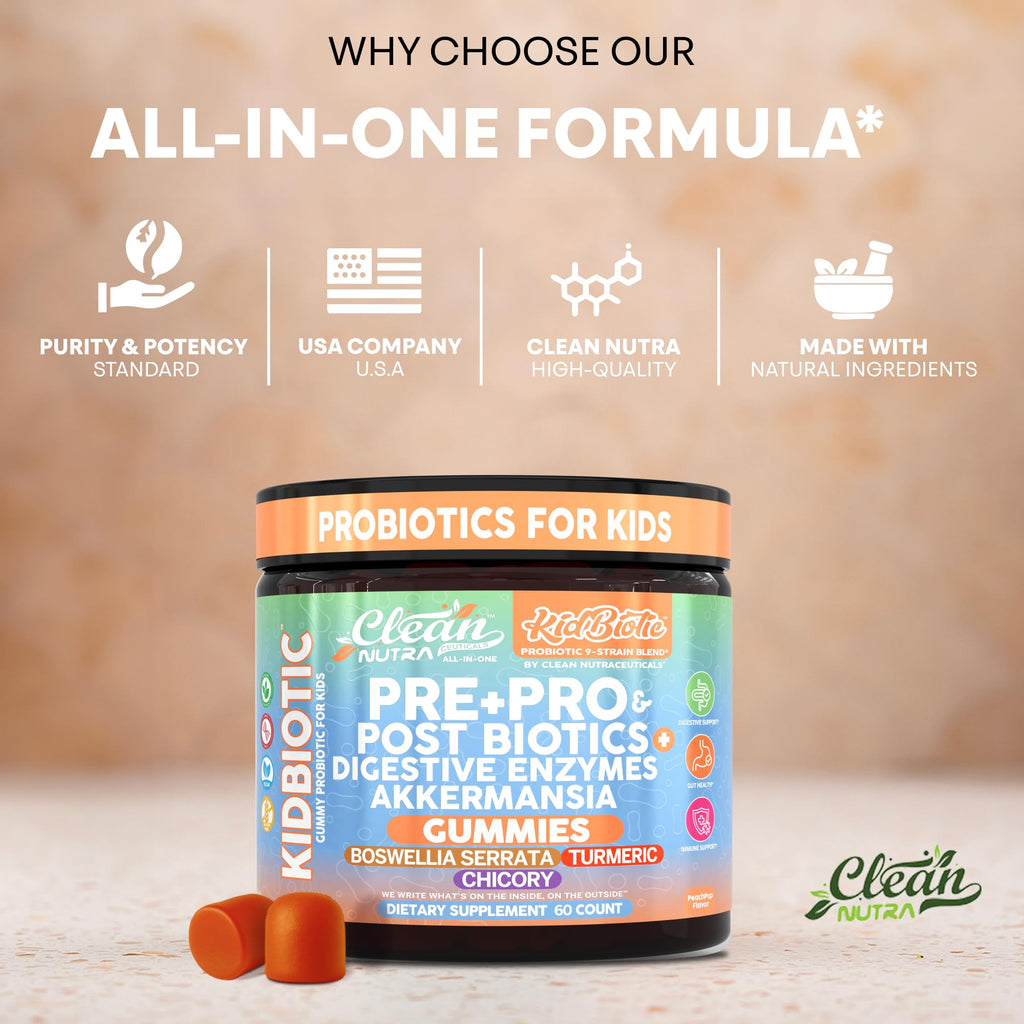 Clean Nutra Kids Probiotics Gummies with Prebiotics, Postbiotics, Digestive Enzymes, Akkermansia, Boswellia Serrata, Turmeric, Chicory – 60 Count – Plant-Based Supplement for Kids – PeachPop Flavor Clean Nutraceuticals Au supplements