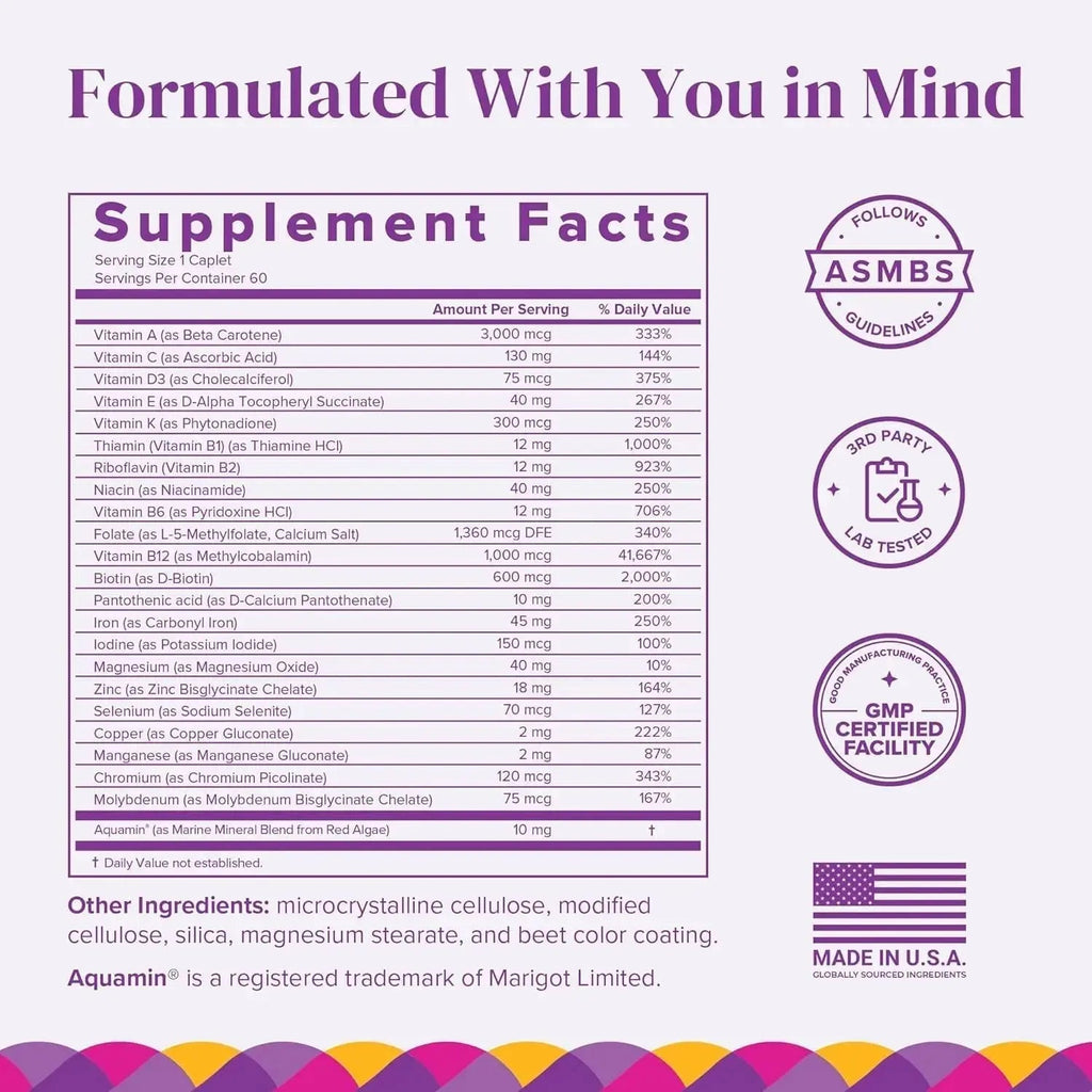 BariMelts Once Daily Bariatric Multivitamin with Iron, 60 Easy-Swallow Caplets (2-Month Supply), Multivitamin for Women, Multimineral Complex BariMelts Au supplements