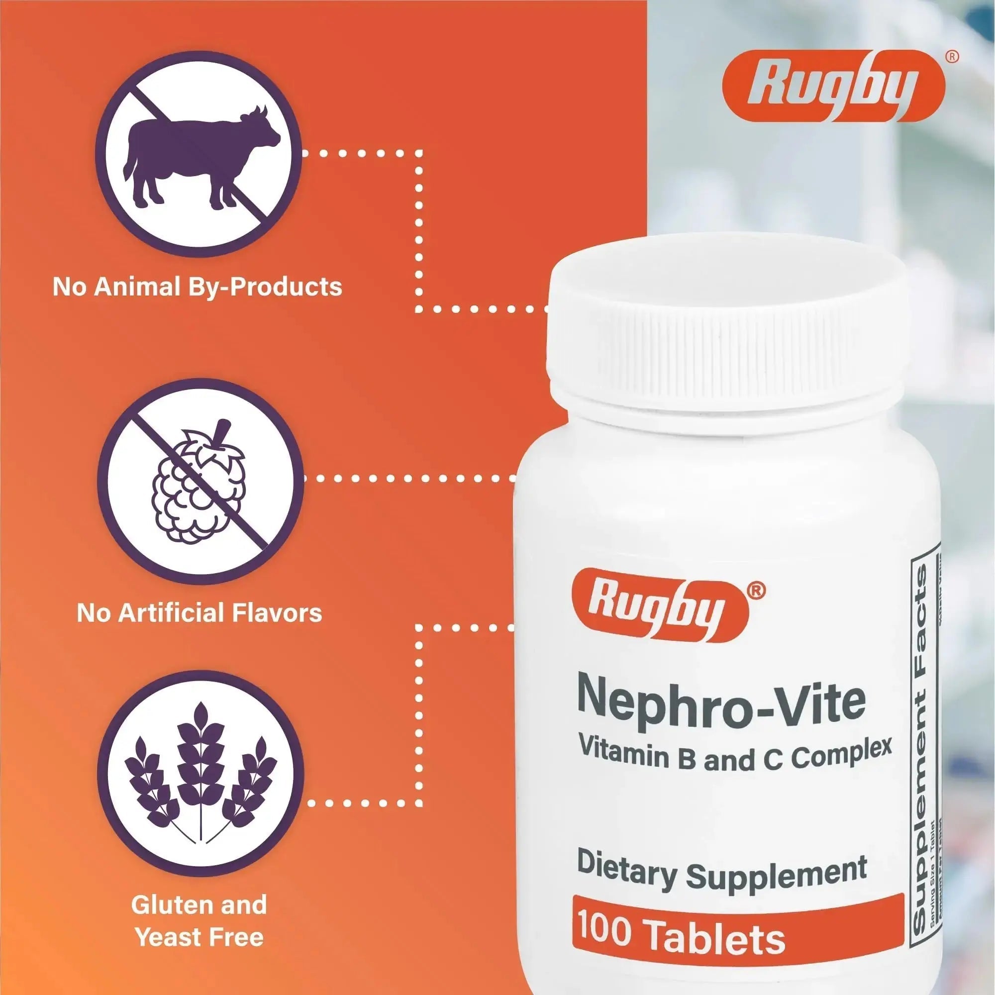 Rugby Nephro-Vite Vitamin B and C Complex Tablets - Dietary Supplement - 100 Count (1 Pack) RUGBY LABORATORIES Au supplements