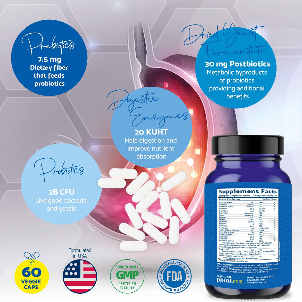 4-in-1 Pre Post Probiotics & Digestive Enzymes - Complete Gut Health & Digestive Support for Women & Men - Prebiotic Probiotic & Postbiotic Gas & Bloating Relief – 60 Non GMO Capsules PLANTFUL RESEARCH Au supplements