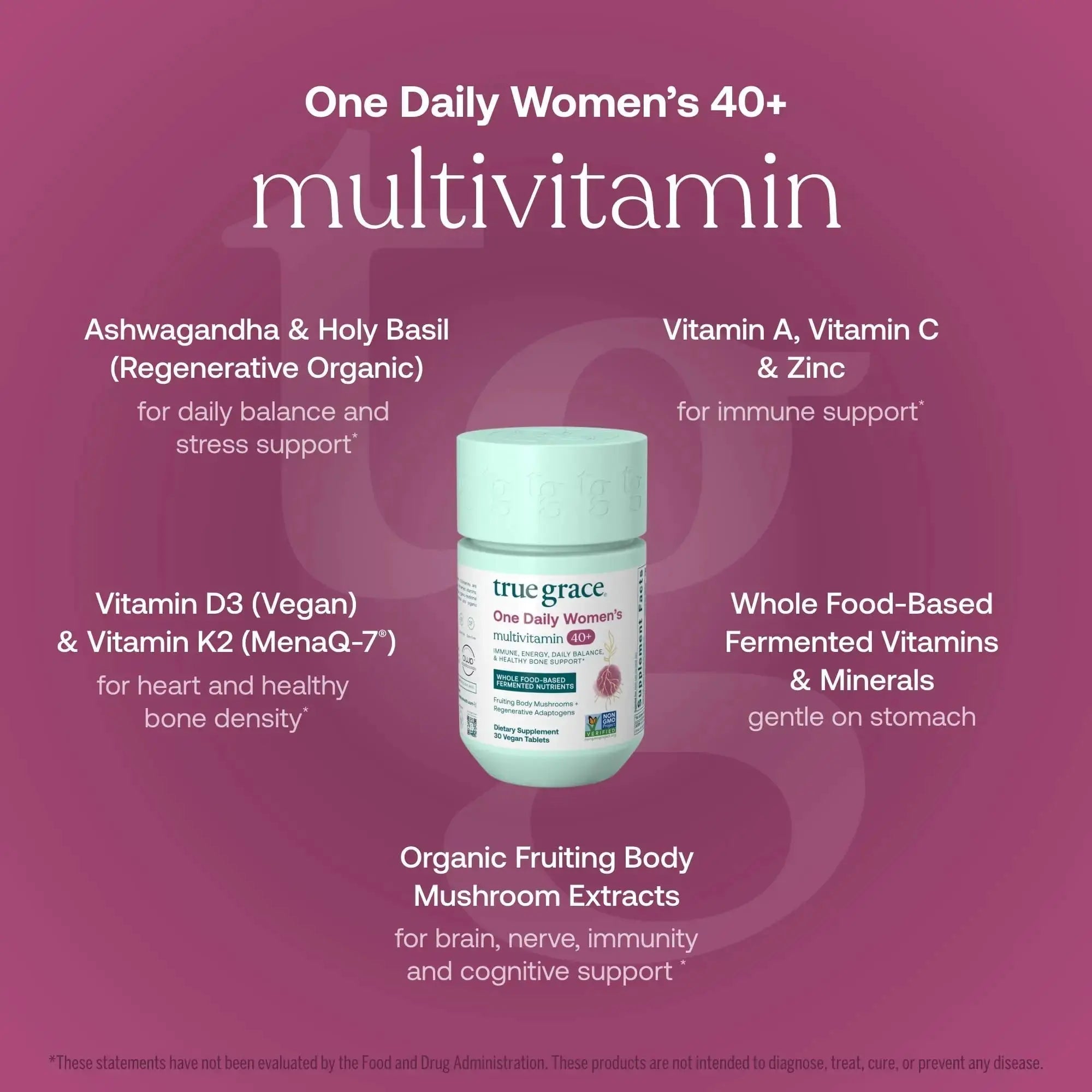 True Grace One Daily Women’s Multivitamin 40+ Fermented Minerals, Organic Adaptogens & Mushrooms Energy, Immune, Bone Support True Grace Au supplements