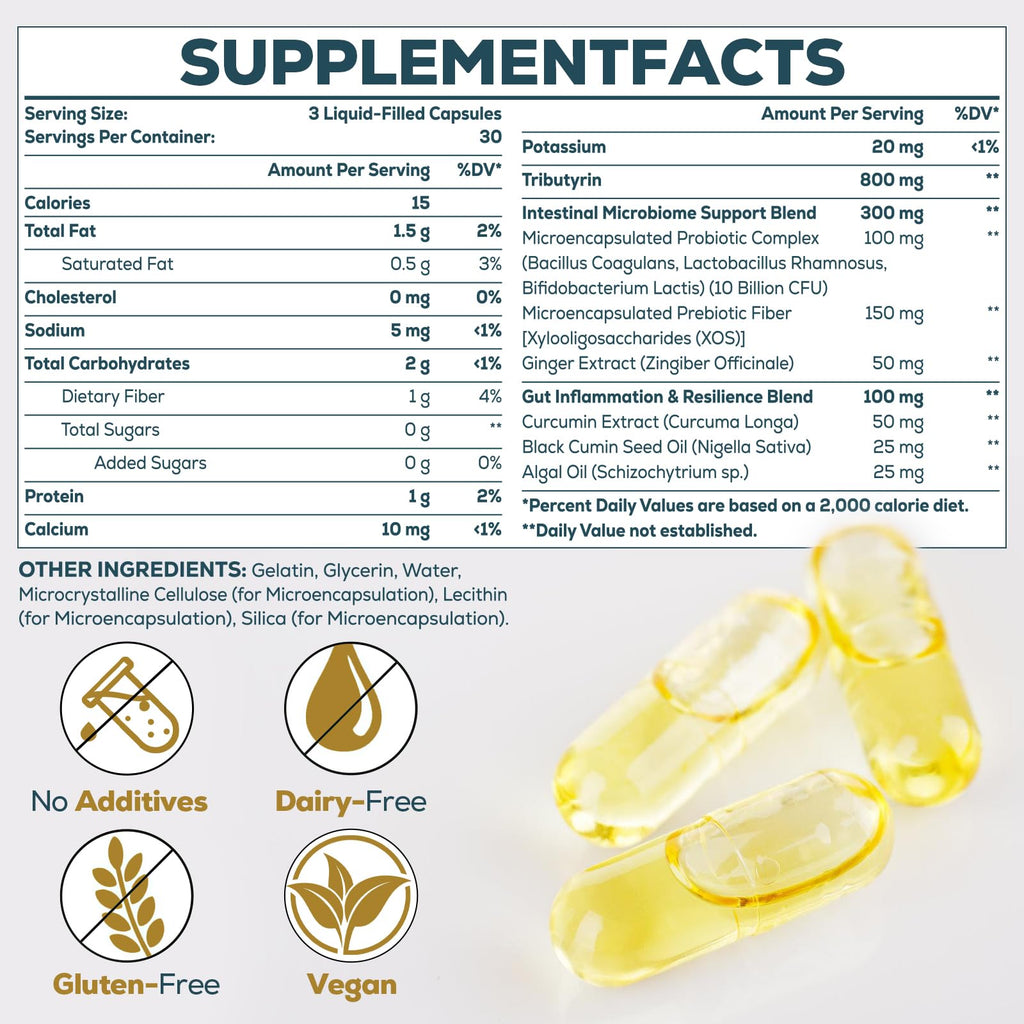 Tributyrin Supplement for Gut & Immune 800mg | High Bioavailability with Microencapsulated Probiotics & Prebiotics - Advanced Liquid-Filled Tributyrin Complex, Gluten Free, 90 Capsules Quorinthiumax Au supplements