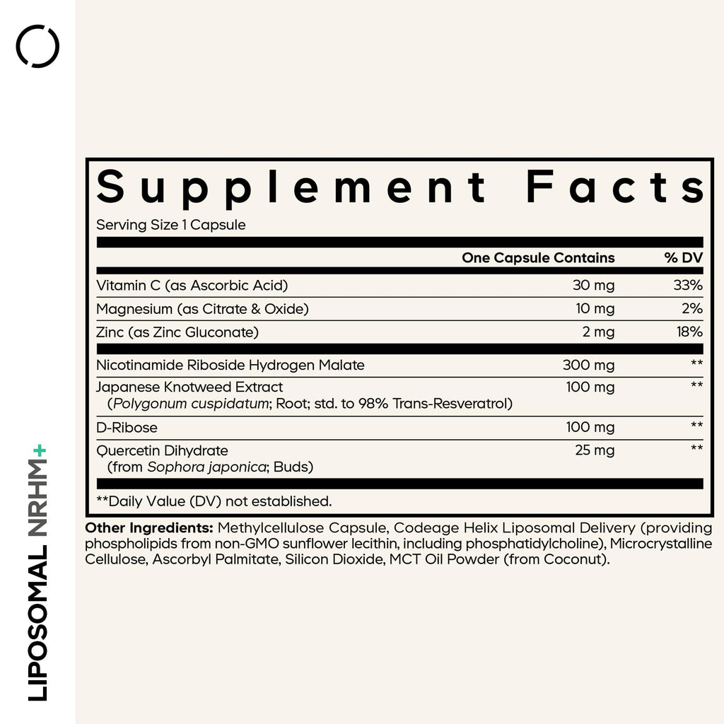 Codeage Liposomal NRHM+ Supplement - NRH Hydrogen Malate 300 mg, Resveratrol, D-Ribose & Quercetin - Vitamin C, Magnesium & Zinc - Liposomal Delivery - Non-GMO - 60 Capsules Codeage Au supplements