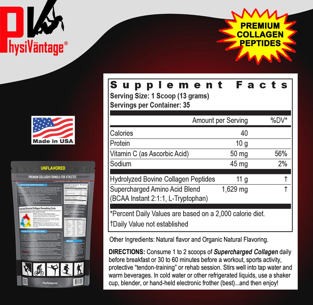 PhysiVantage Supercharged Collagen Peptides Powder - Hydrolyzed Collagen for Joint, Tendon, Ligament, & Skin Health Support - Peach Mango, Keto, Paleo, 16oz | Enhanced with Vitamin C, BCAAs, Grass-Fed PhysiVantage Au supplements