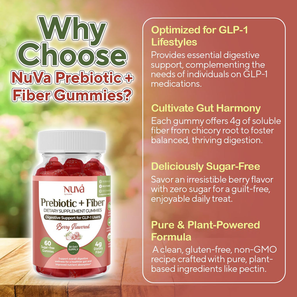 NuVa by Trulore Prebiotic + Fiber Gummies |  User Nutritional Support | Sugar Free Fiber Gummies for Adults | Berry Flavor | Non-GMO Digestive Balance for Men & Women | 60 Gummies - 30 day Supply