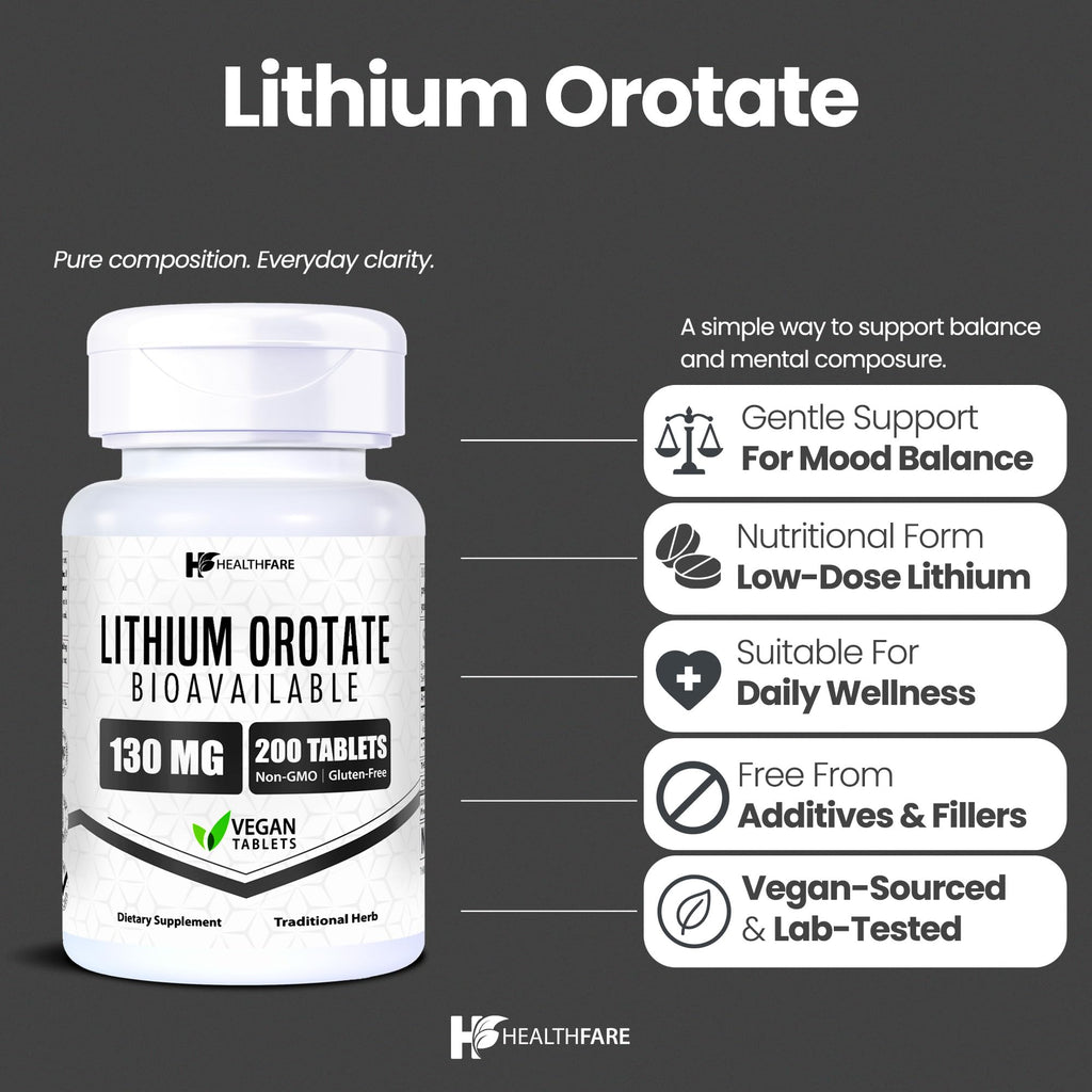 HealthFare Lithium Orotate Supplement 130mg | 200 Vegetarian Tablets | High Bioavailability Trace Mineral | Mood, Brain & Memory Support