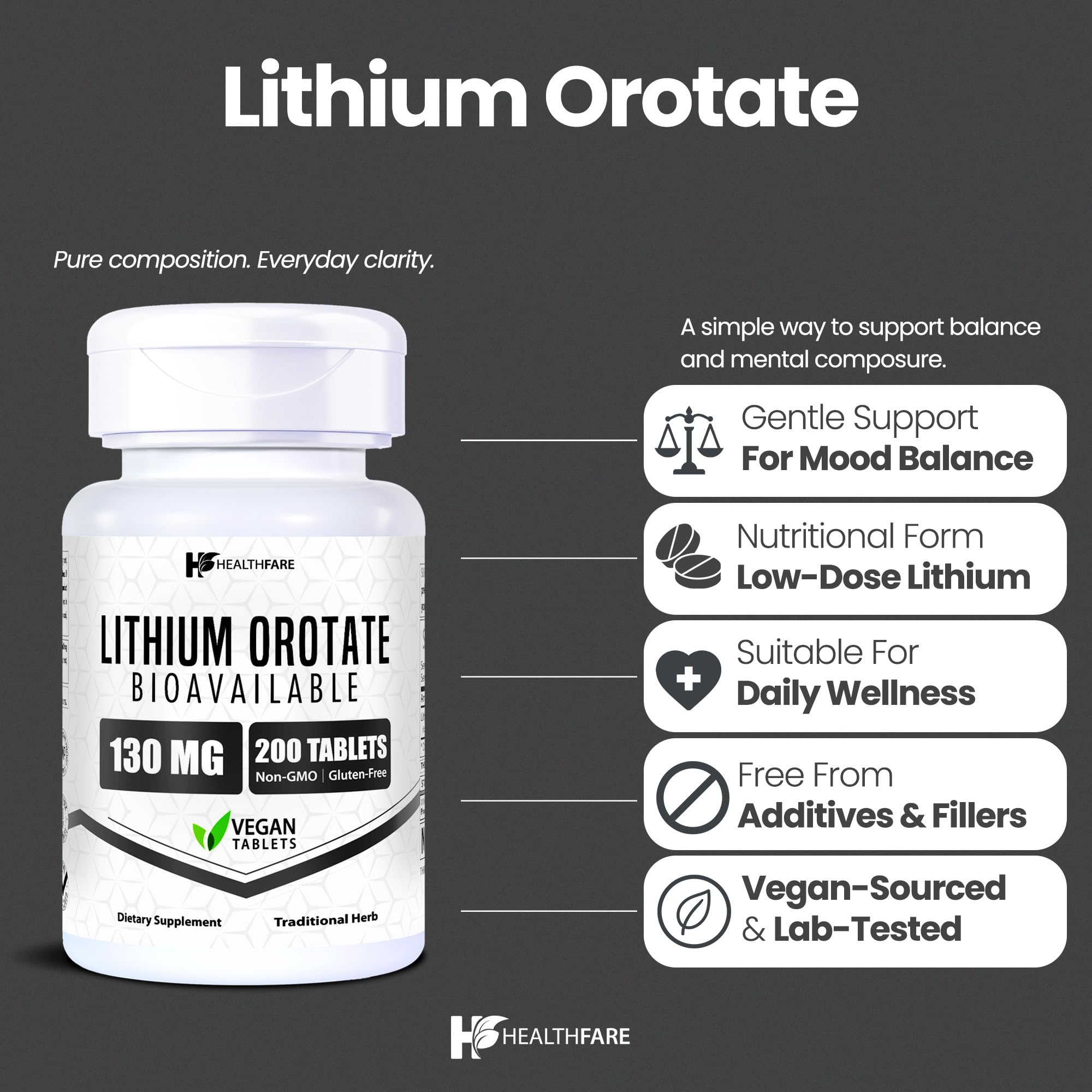 HealthFare Lithium Orotate Supplement 130mg | 200 Vegetarian Tablets | High Bioavailability Trace Mineral | Mood, Brain & Memory Support