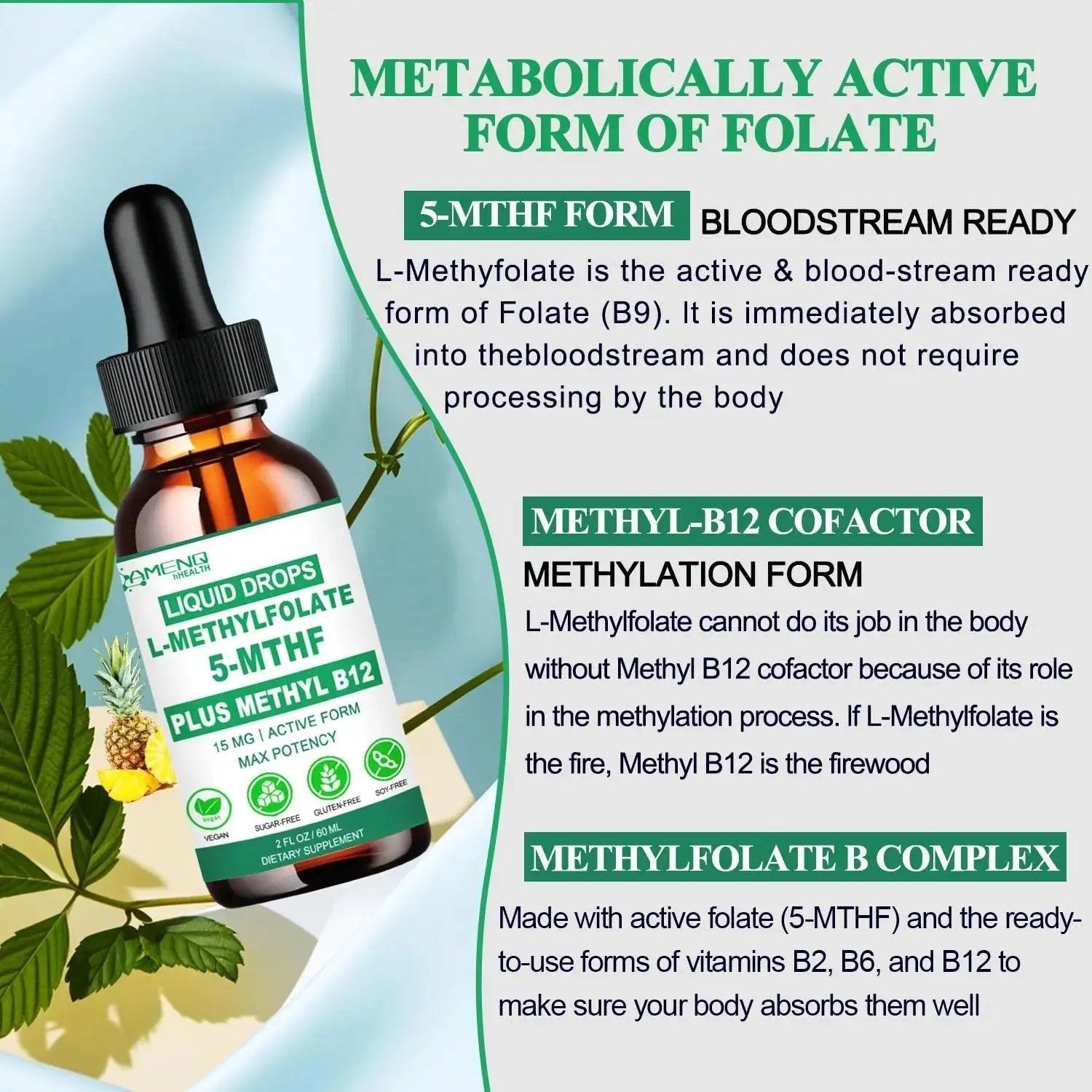 Methylfolate Supplement Liquid Drops, L Methy Folate 15mg Plus Methy B12, B6, B2 Multivitamin, Metabolically Active 5-MTHF Form AMENQ hHEALTH Au supplements