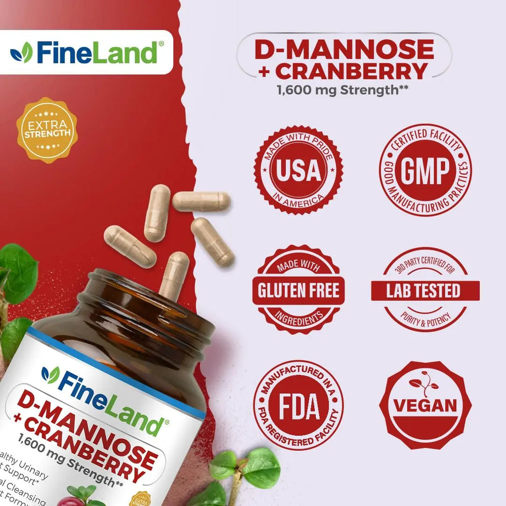 FineLand D-Mannose + Cranberry – 1600mg per Serving – 120 Vegan Capsules – Urinary Tract & Bladder Health Support – Non-GMO, Gluten-Free, Made in USA FineLand Au supplements