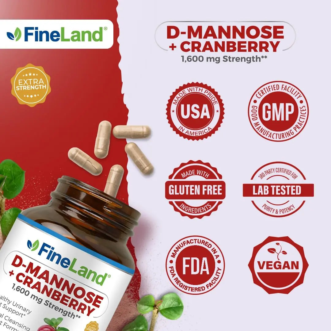 FineLand D-Mannose + Cranberry – 1600mg per Serving – 120 Vegan Capsules – Urinary Tract & Bladder Health Support – Non-GMO, Gluten-Free, Made in USA FineLand Au supplements