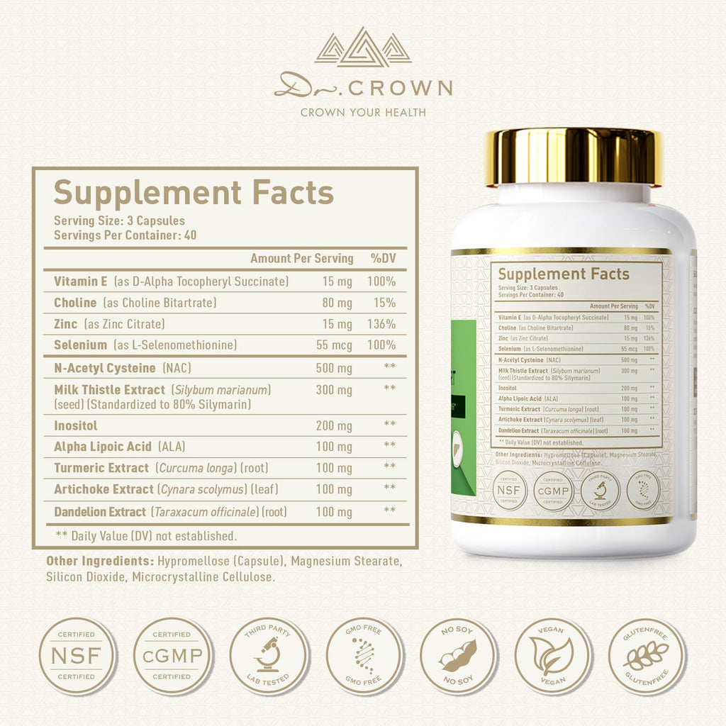 DR. Crown Liver Cleanse Detox & Repair - Milk Thistle Supplement, with Silymarin, N-Acetyl Cysteine(NAC), Artichoke, Turmeric & Dandelion for Liver Detox, Cleanse, Gluten Free, Non-GMO - 120 Capsules DR. CROWN Au supplements