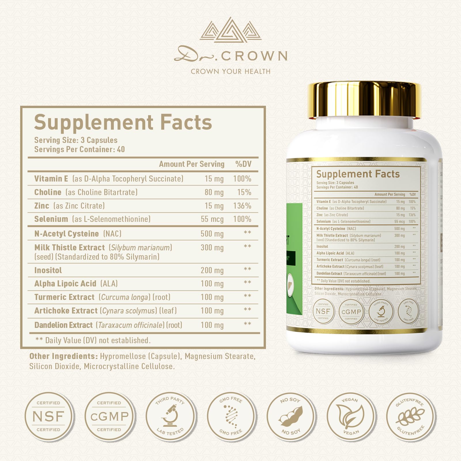 DR. Crown Liver Cleanse Detox & Repair - Milk Thistle Supplement, with Silymarin, N-Acetyl Cysteine(NAC), Artichoke, Turmeric & Dandelion for Liver Detox, Cleanse, Gluten Free, Non-GMO - 120 Capsules DR. CROWN Au supplements