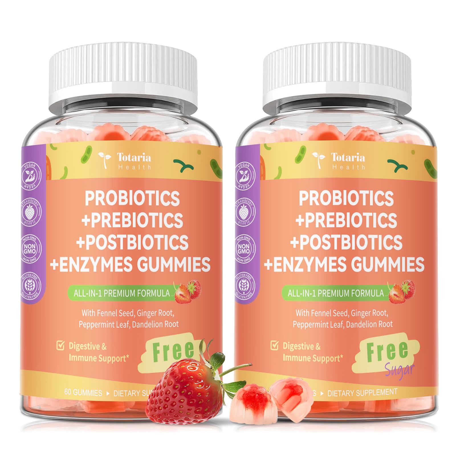 (2 Packs) Totaria Sugar Free 5-in-1 Probiotic Prebiotic Postbiotic Gummy, Probiotics for Women Men with Digestive Enzymes, Peppermint, Complete Immune, Gut & Digestive Support, Vegan Strawberry Flavor Totaria Au supplements