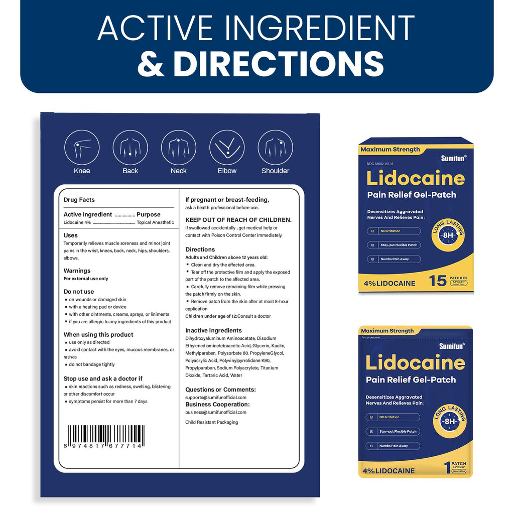 Sumifun 4% Lidocaine Pain Relief Patches 15 Counts Maximum Strength Numbing Gel Patch for Back Knee Neck Joint Ache Muscle Soreness Topical Analgesic Sumifun Au supplements
