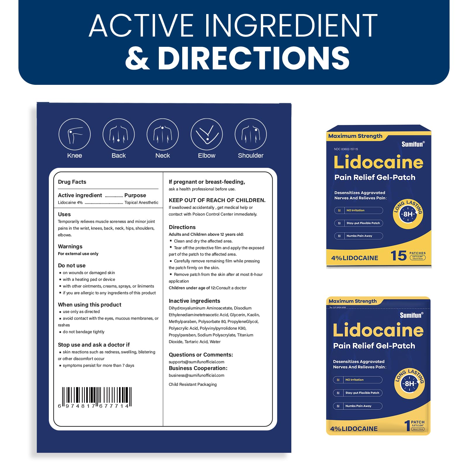 Sumifun 4% Lidocaine Pain Relief Patches 15 Counts Maximum Strength Numbing Gel Patch for Back Knee Neck Joint Ache Muscle Soreness Topical Analgesic Sumifun Au supplements