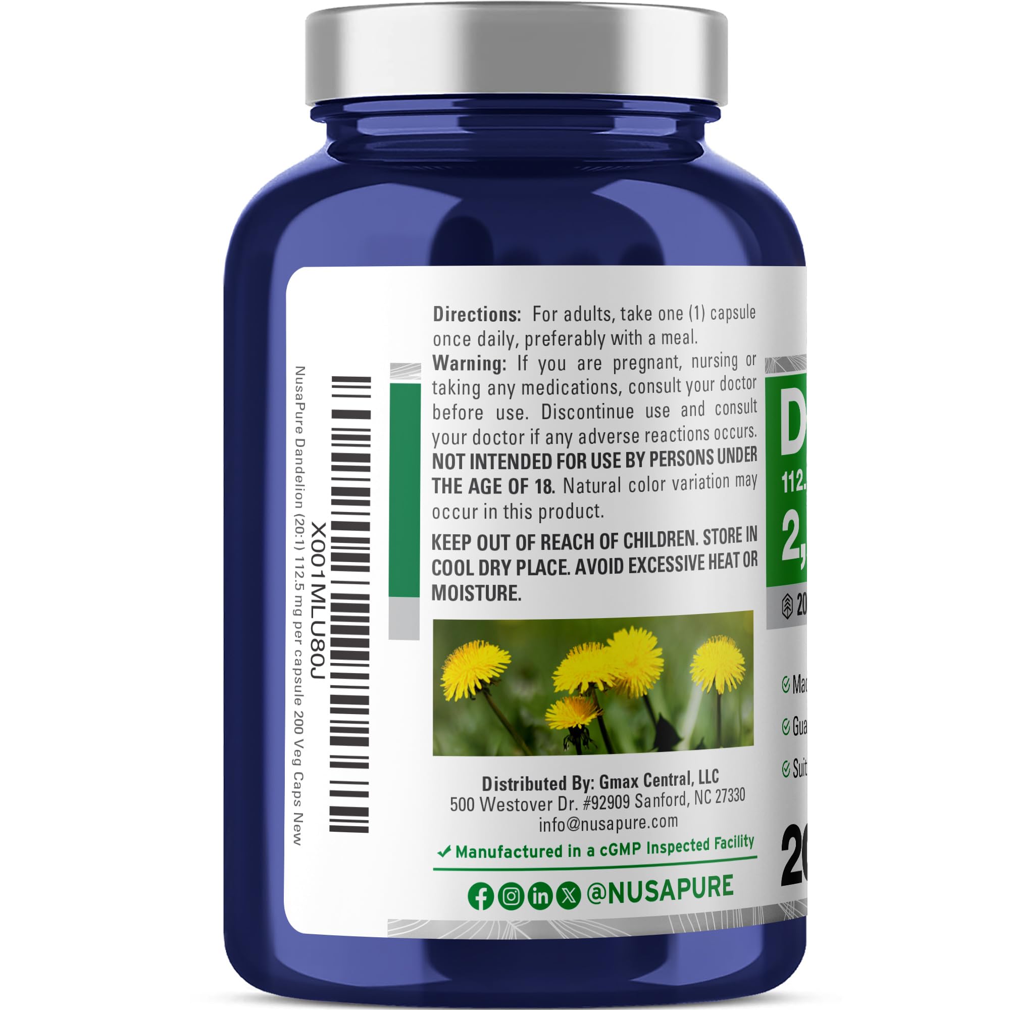 NusaPure Dandelion Root 20:1 Extract, 112.5 mg Equivalent to 2,250 mg 200 Veggie Capsules (Non-GMO, Vegan) NusaPure Au supplements