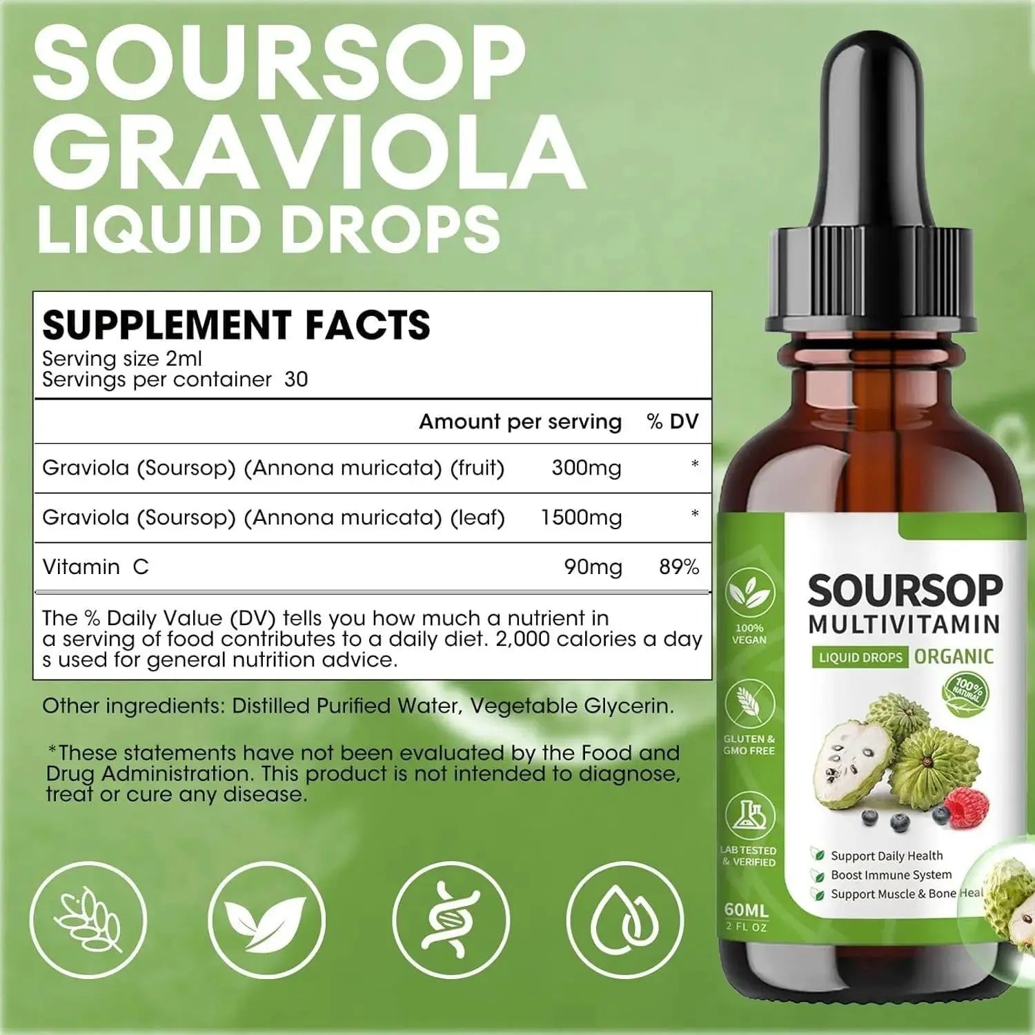 Soursop Bitters Liquid 2 Fl Oz, Soursop Graviola Leaf Extract Liquid Drop, Soursop Multivitamin Liquid Drops Organic for Cell Support, Immune System, Relax bogomo Au supplements