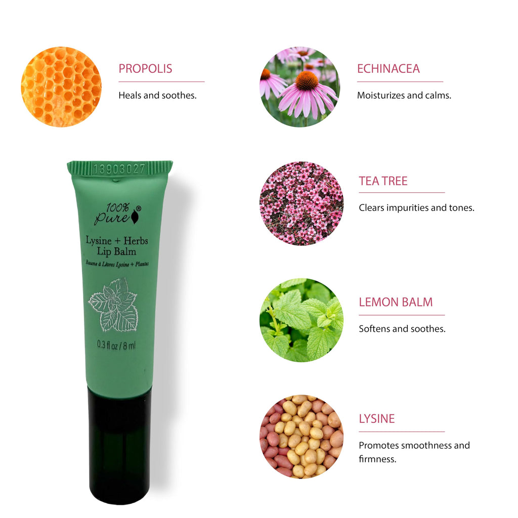 100% PURE Lysine + Herbs Healing Lip Balm Natural Soothing Nourishment for Sore, Cracked, Chapped