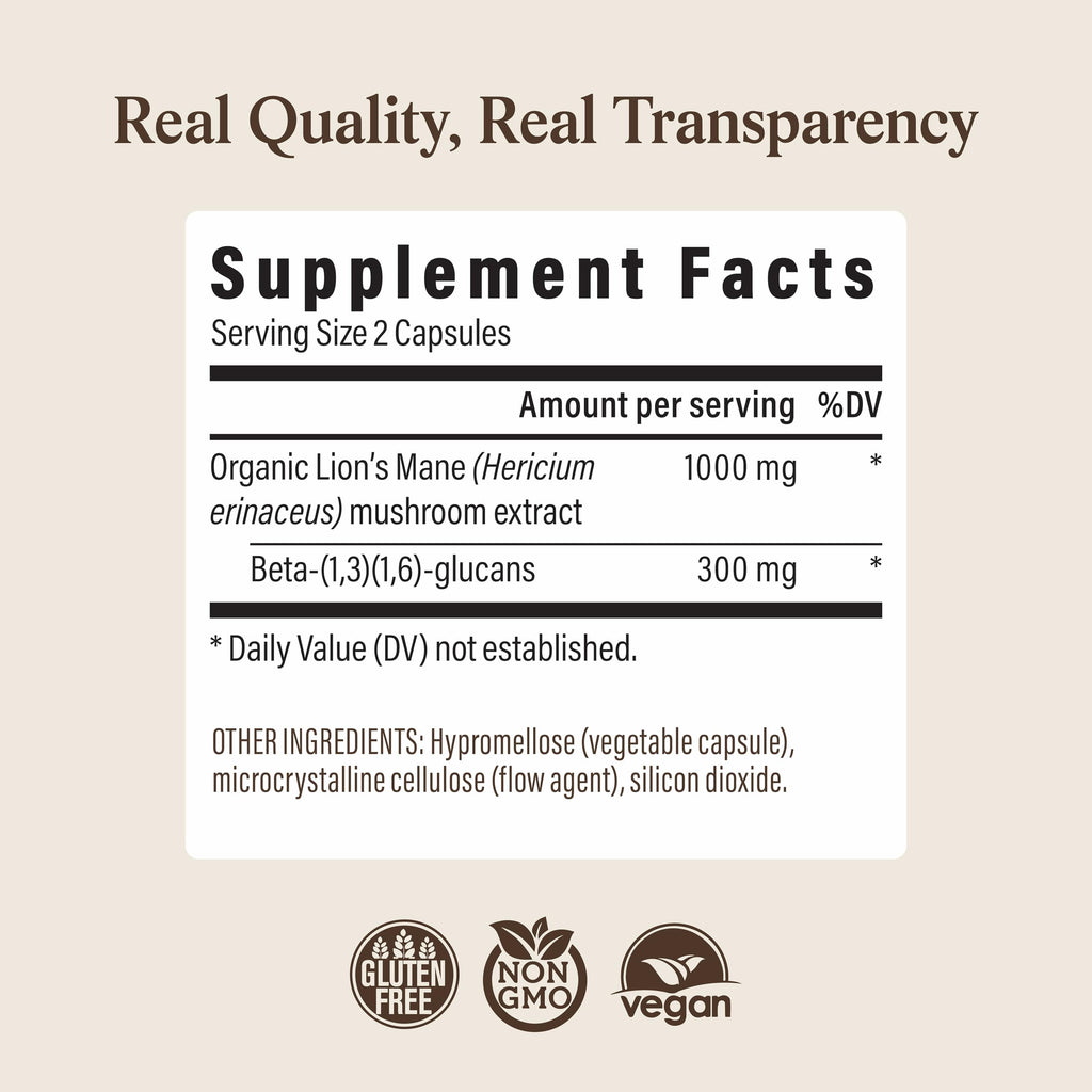 Real Mushrooms Lions Mane Mushroom Cognition (120 Capsules) Lions Mane Mushroom Powder Extract Capsules