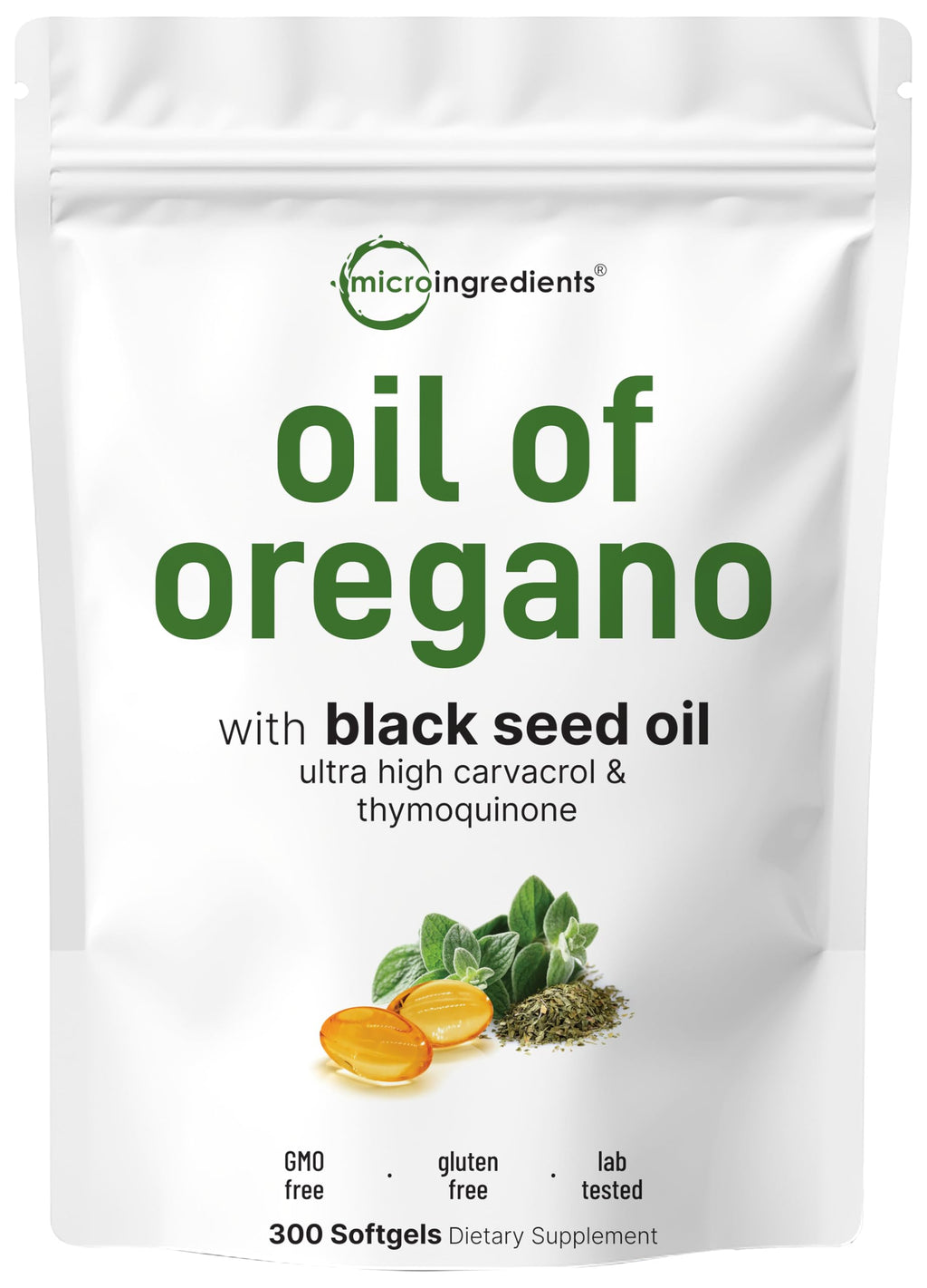 Micro Ingredients Oil of Oregano Softgels, 300 Count | 2 in 1 Formulated | 4X Strength Carvacrol & Thymoquinone | Plant Based, Non-GMO