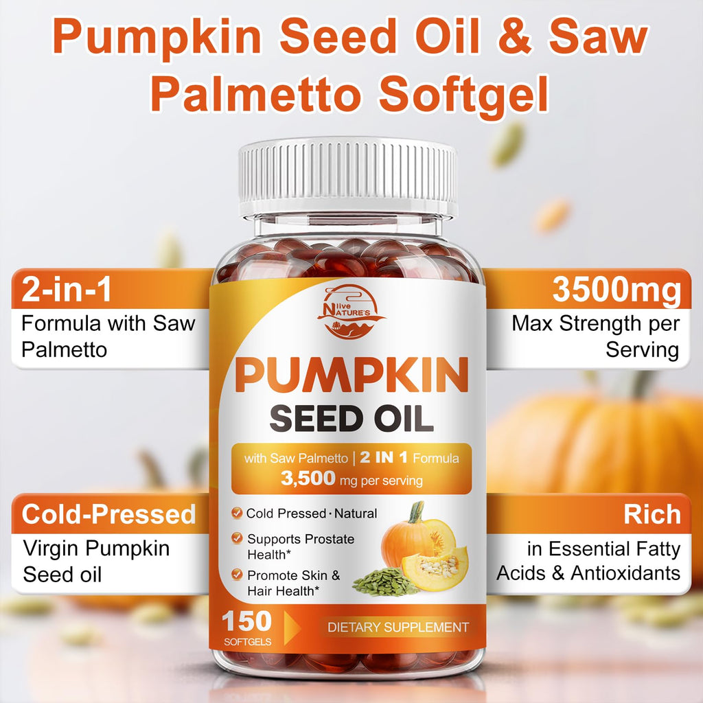 Pumpkin Seed Oil with Saw Palmetto, 3500mg Max Strength per Serving, 150 Softgels, Cold-Pressed with Essential Fatty Acids & Phytosterols, Supports Immune