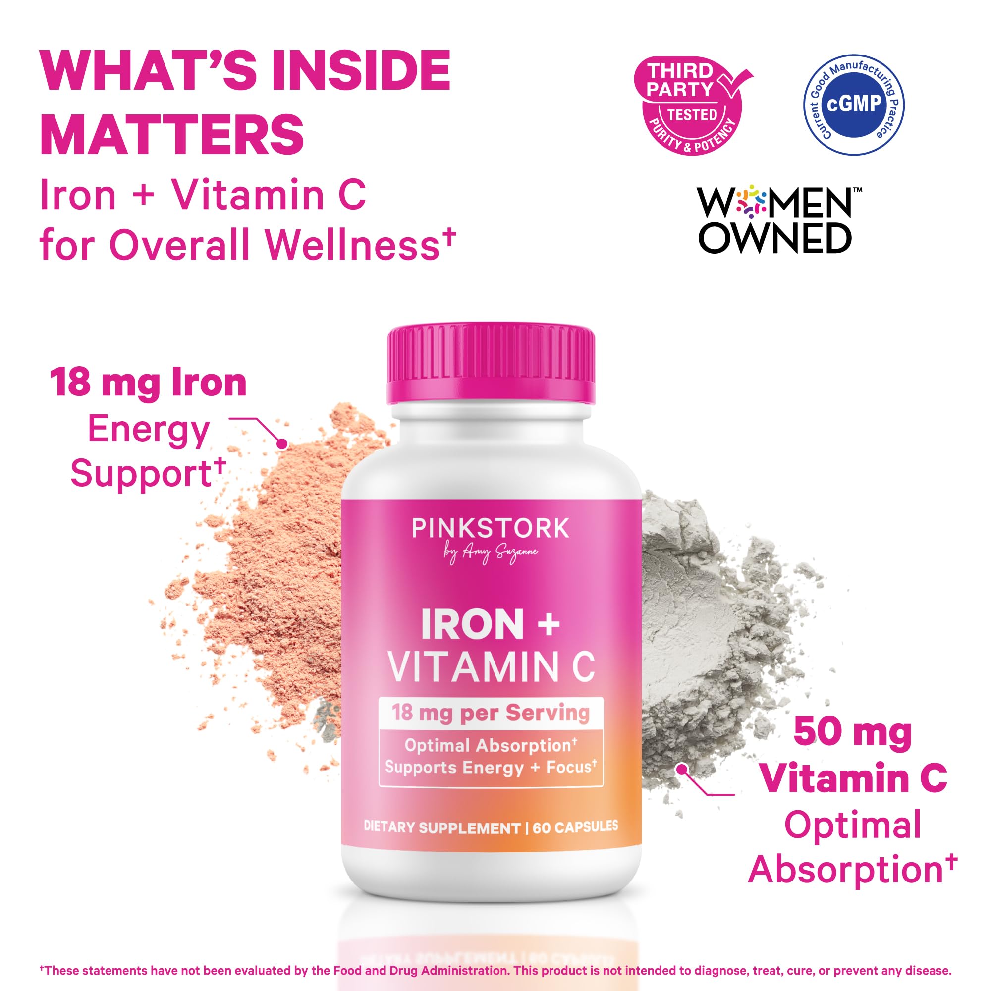 Pink Stork Iron for Women – 18 mg Non-Constipating Iron Bisglycinate + Vitamin C for Optimal Absorption – Energy, Focus, & Oxygen Supply – PMS, Pregnancy, Postpartum & Perimenopause - 60 Capsules Pink Stork Au supplements