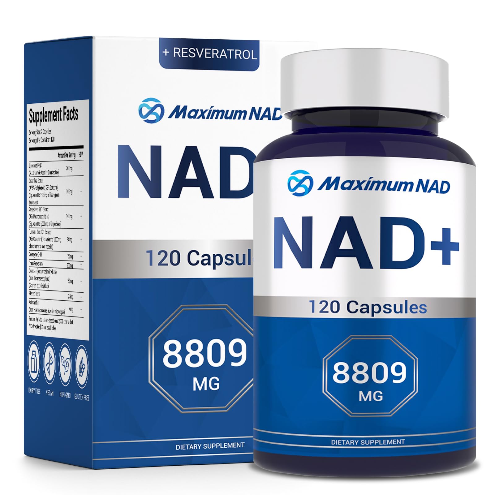 NAD+ Supplement 8,809mg with Liposomal NAD and Resveratrol for Women & Men - 120 Capsules to Support Cellular Health, Boost Stamina & Healthy Aging, Vegan & Gluten-Free Maximum NAD Au supplements