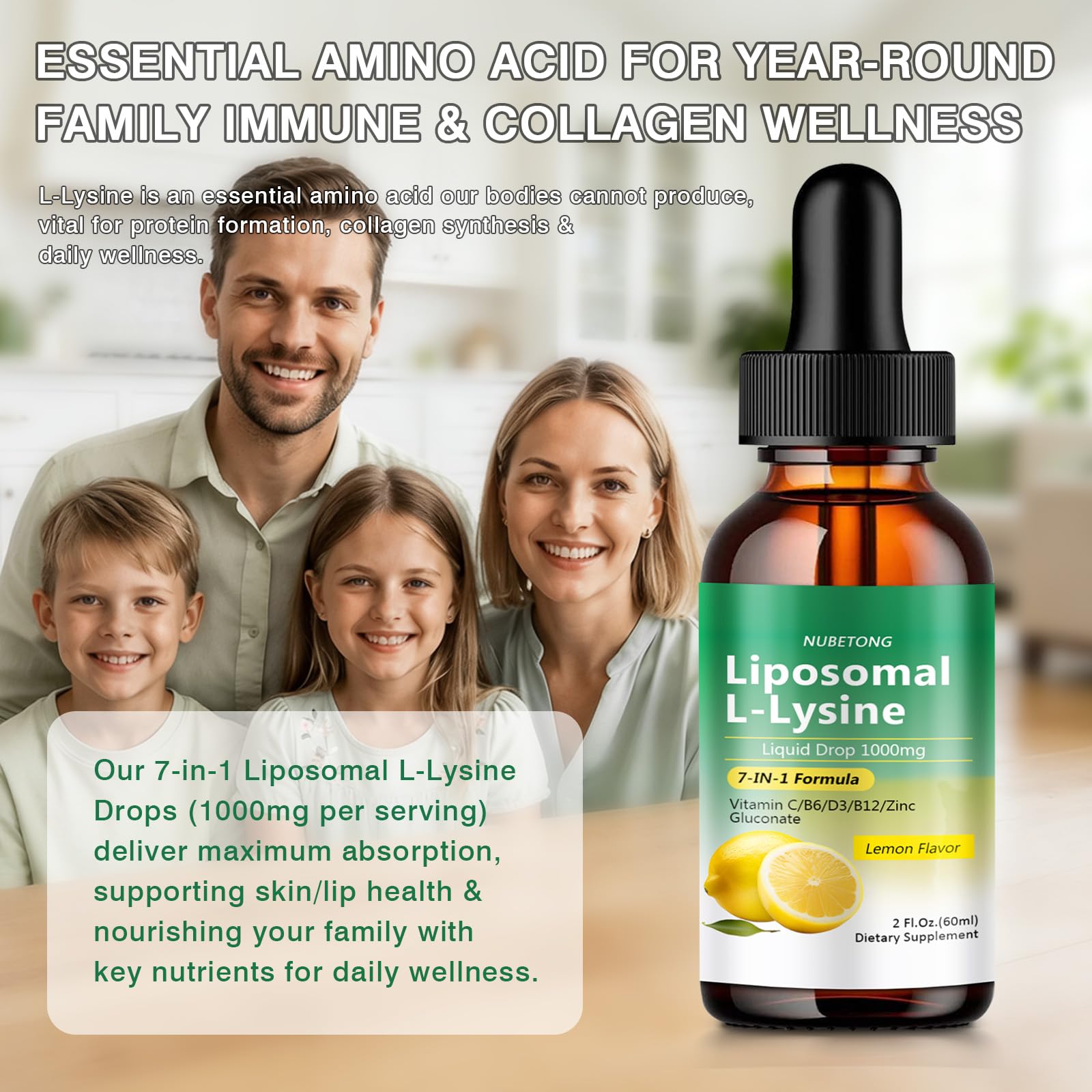 Liposomal L-Lysine 1000mg Liquid Drops, 7-in-1 Lysine Supplement for Adults with Vitamin C/B6/D3/B12 & Zinc Gluconate, Immune Support, Collagen Synthesis & Skin Lip Health, Lemon Flavor, 2 Fl Oz