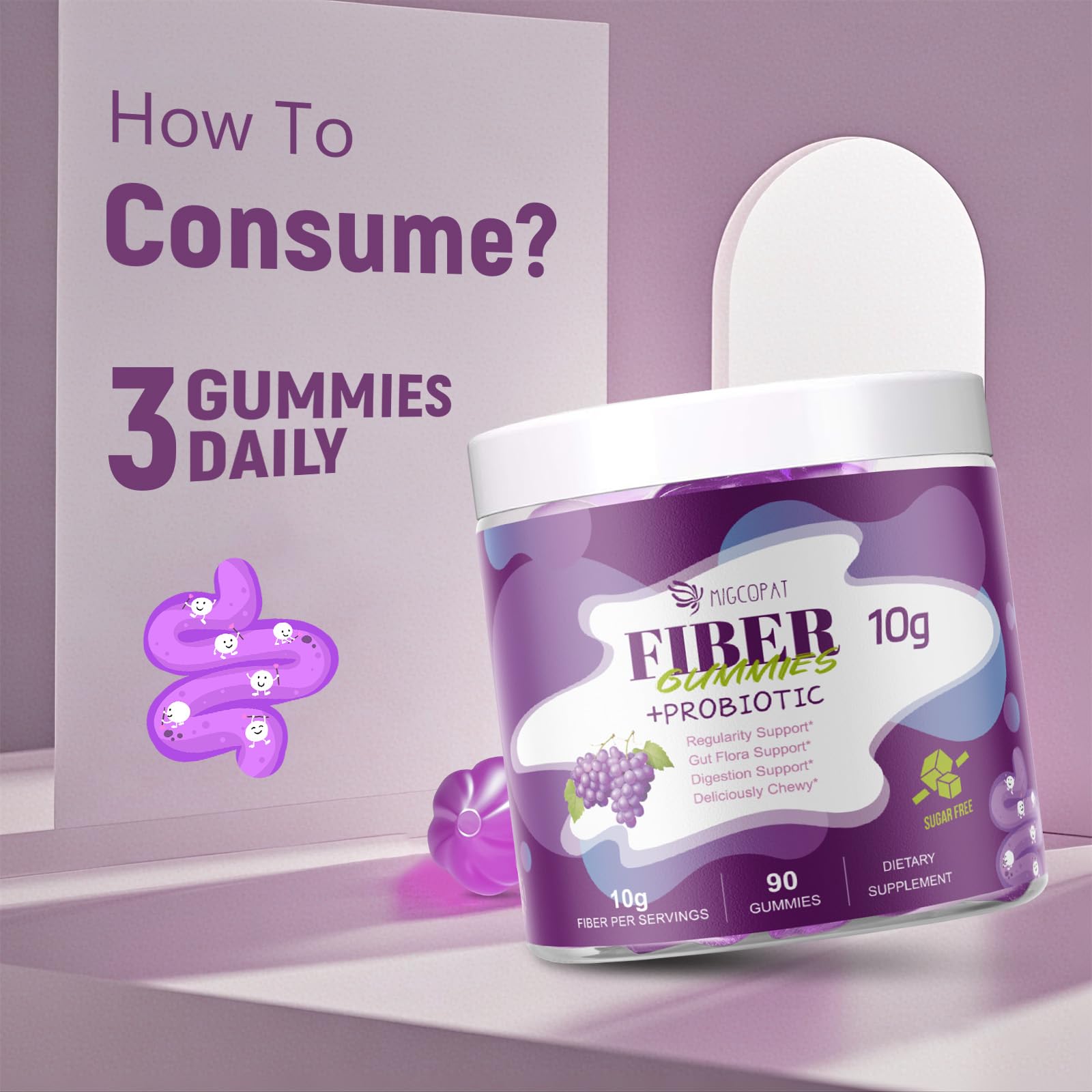 Migcopat 10G Fiber Gummies for Adults, No Sugar Added Grape Flavor, Fiber Supplement with 30 Billion CFU Probiotics Blend, ACV, Vitamin C,