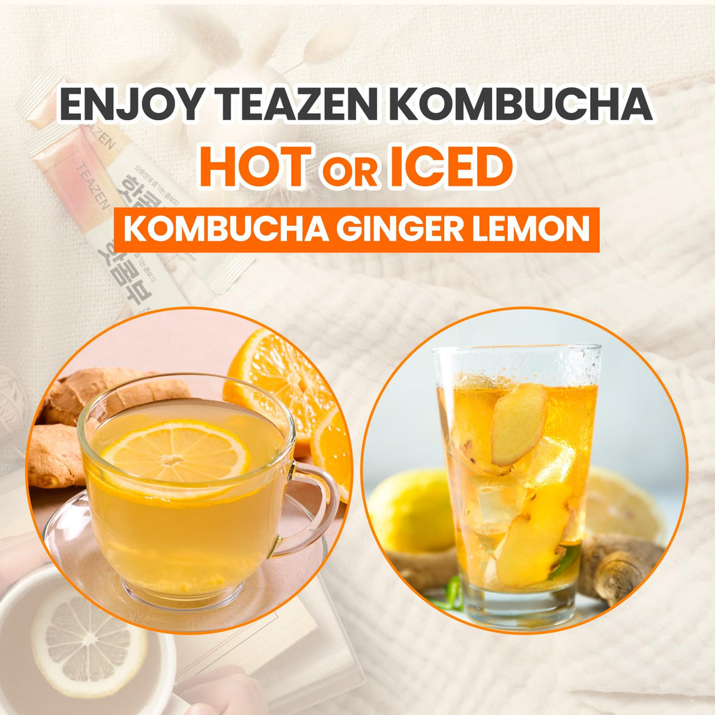 TEAZEN Lemon Ginger Hot Kombucha Tea, Live Probiotics & Postbiotics, Relaxation and Warmth for Colds and Sore Throat, Hydration Drink Mix, Sugar Free, 30 Sticks, 5.29oz TEAZEN Au supplements