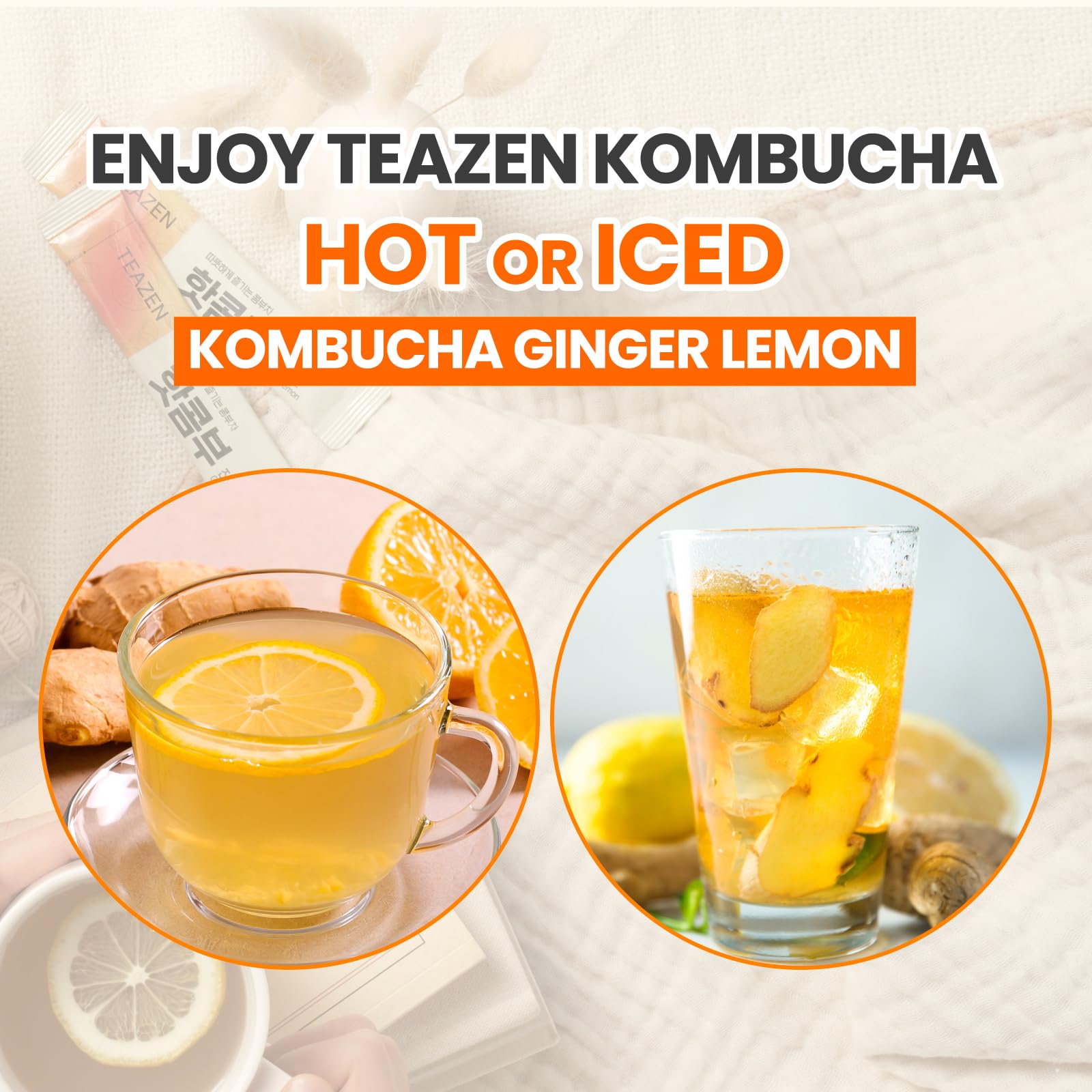 TEAZEN Lemon Ginger Hot Kombucha Tea, Live Probiotics & Postbiotics, Relaxation and Warmth for Colds and Sore Throat, Hydration Drink Mix, Sugar Free, 30 Sticks, 5.29oz TEAZEN Au supplements