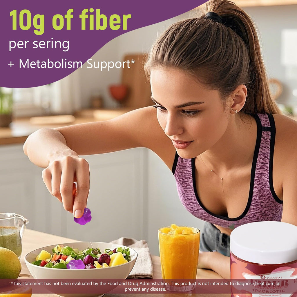 Migcopat 10G Fiber Gummies with 30 Billion CFU Probiotics, Grape Flavor, Bloating Support, Fiber Supplement with Vitamin C,